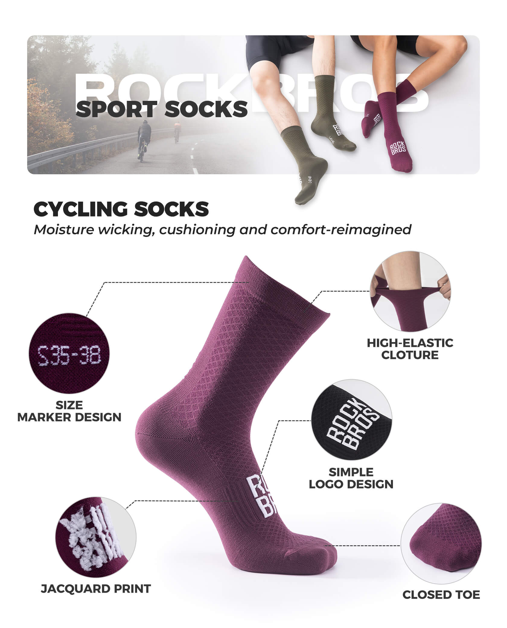 ROCKBROS ROAD TO SKY breathable cycling socks with mesh ventilation for road and mountain biking
#Color_Purple