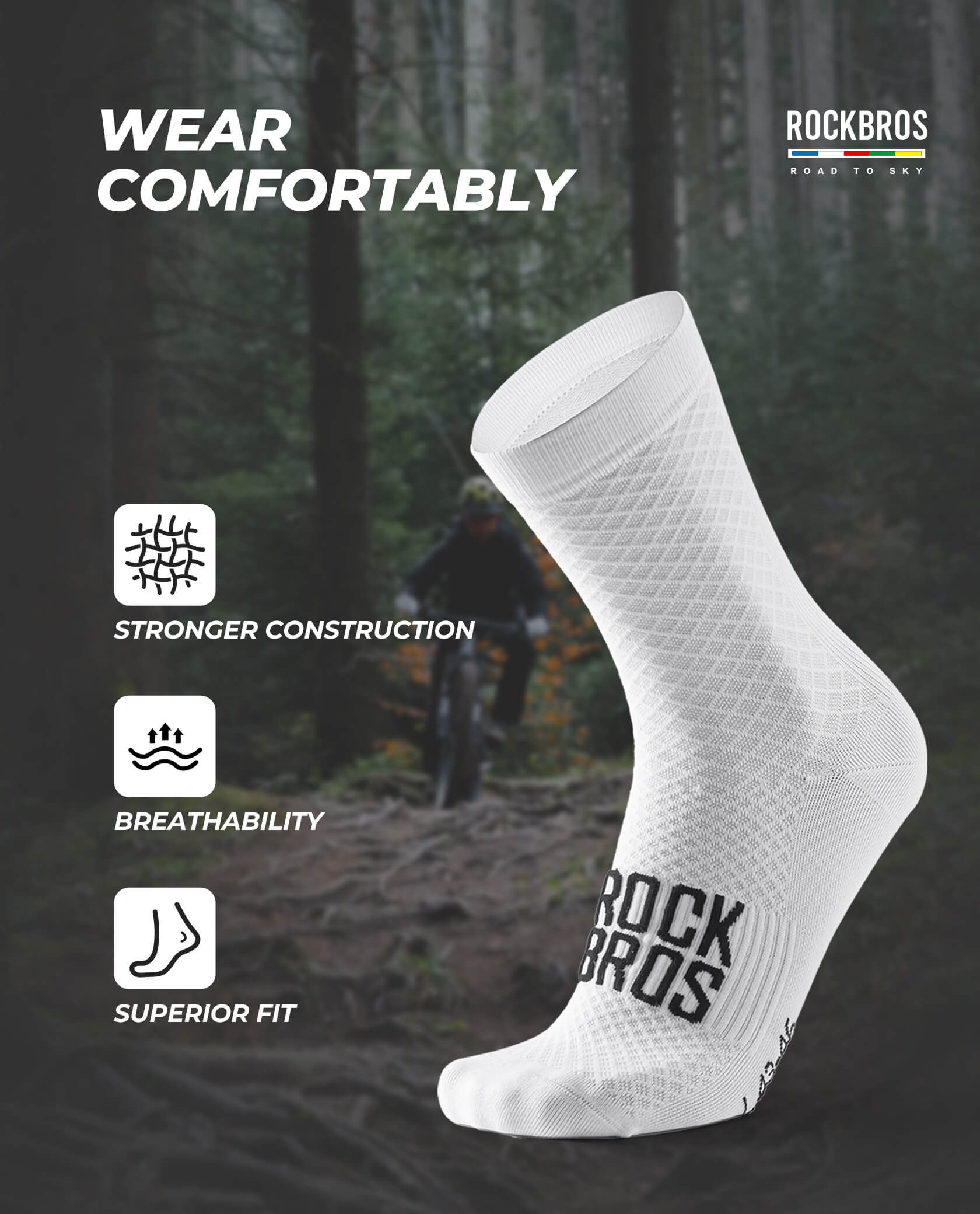 ROCKBROS ROAD TO SKY breathable cycling socks with mesh ventilation for road and mountain biking
#Color_White