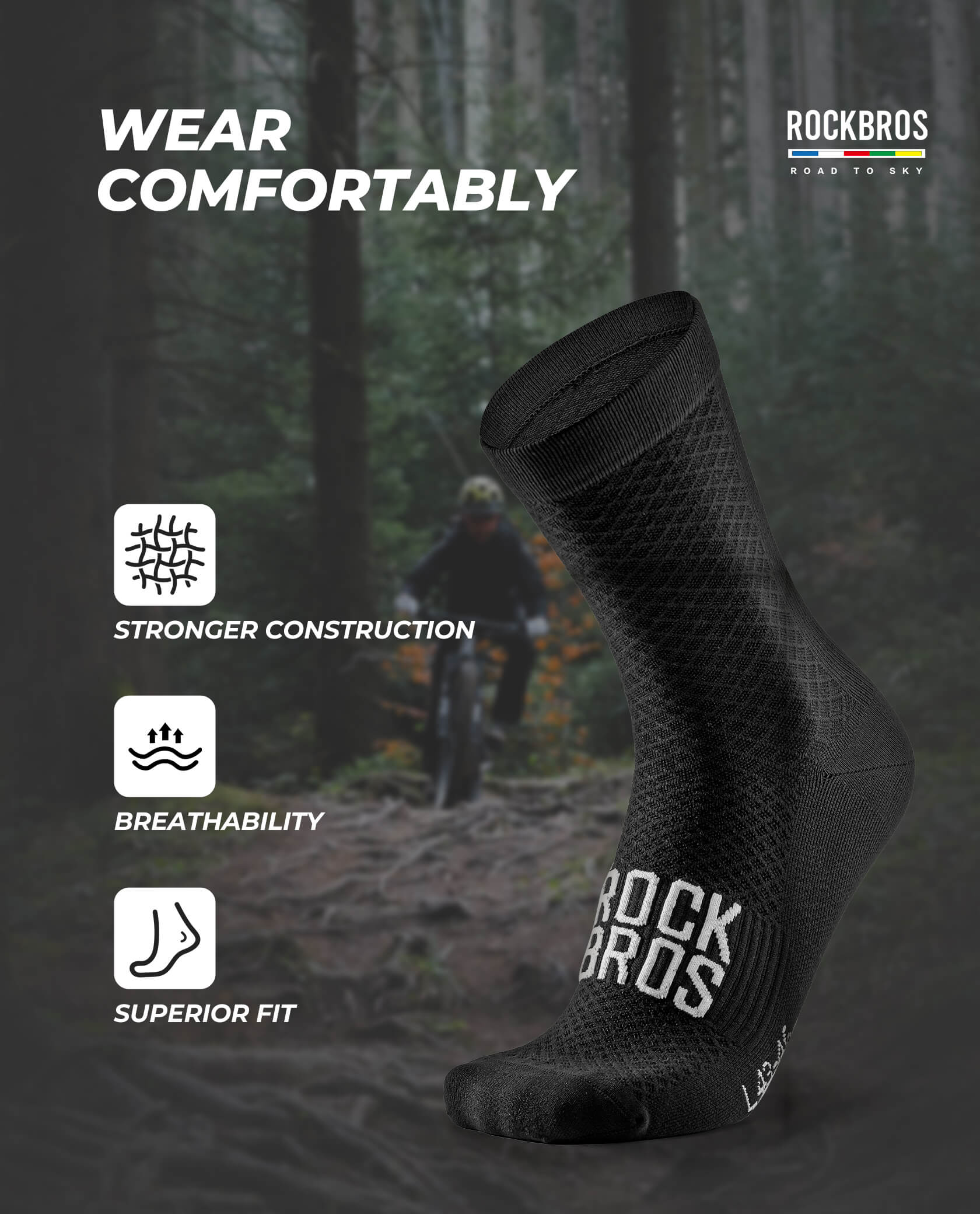ROCKBROS ROAD TO SKY breathable cycling socks with mesh ventilation for road and mountain biking
#Color_Black