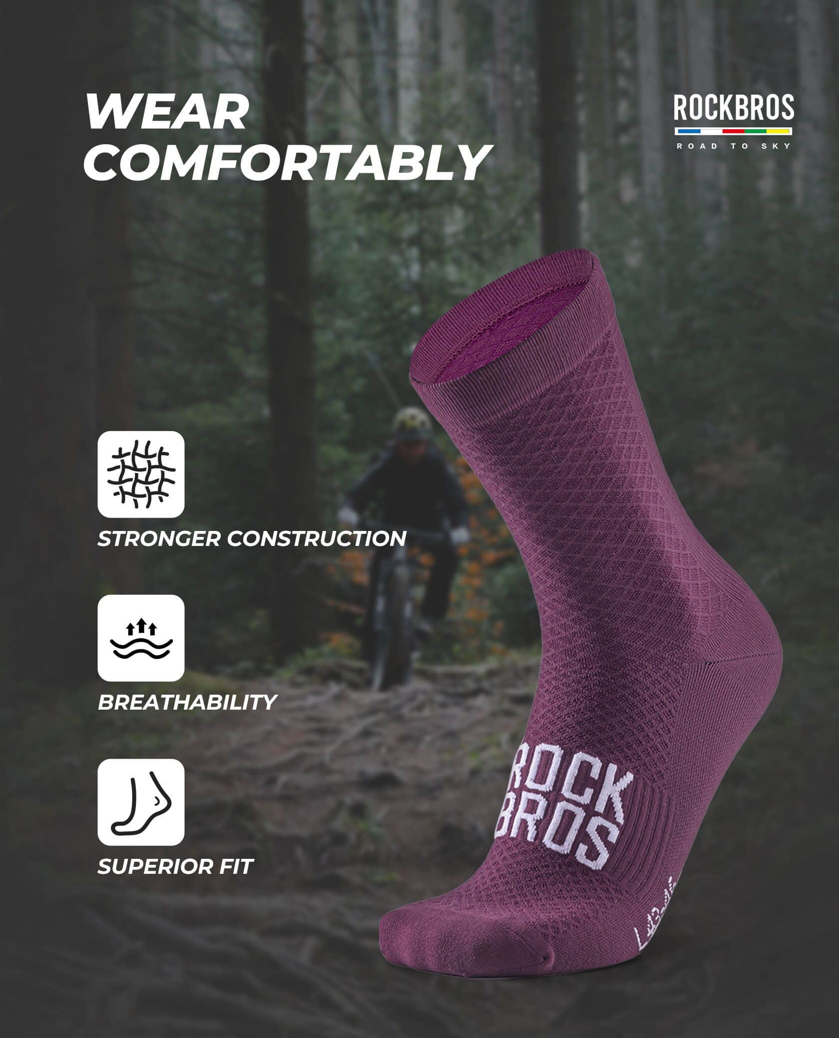 ROCKBROS ROAD TO SKY breathable cycling socks with mesh ventilation for road and mountain biking
#Color_Purple