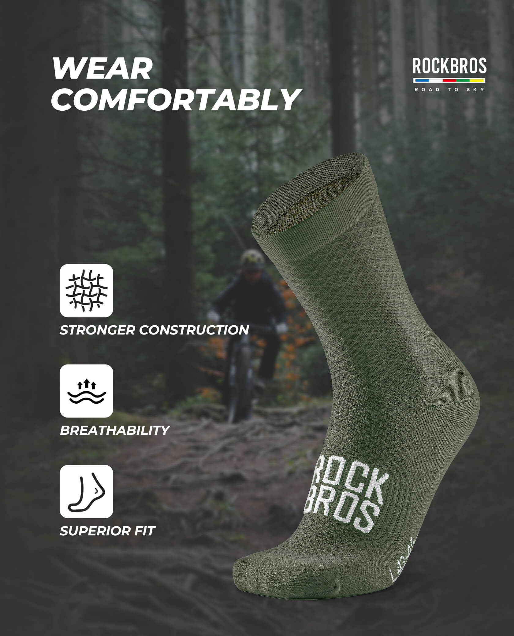 ROCKBROS ROAD TO SKY breathable cycling socks with mesh ventilation for road and mountain biking
#Color_Green