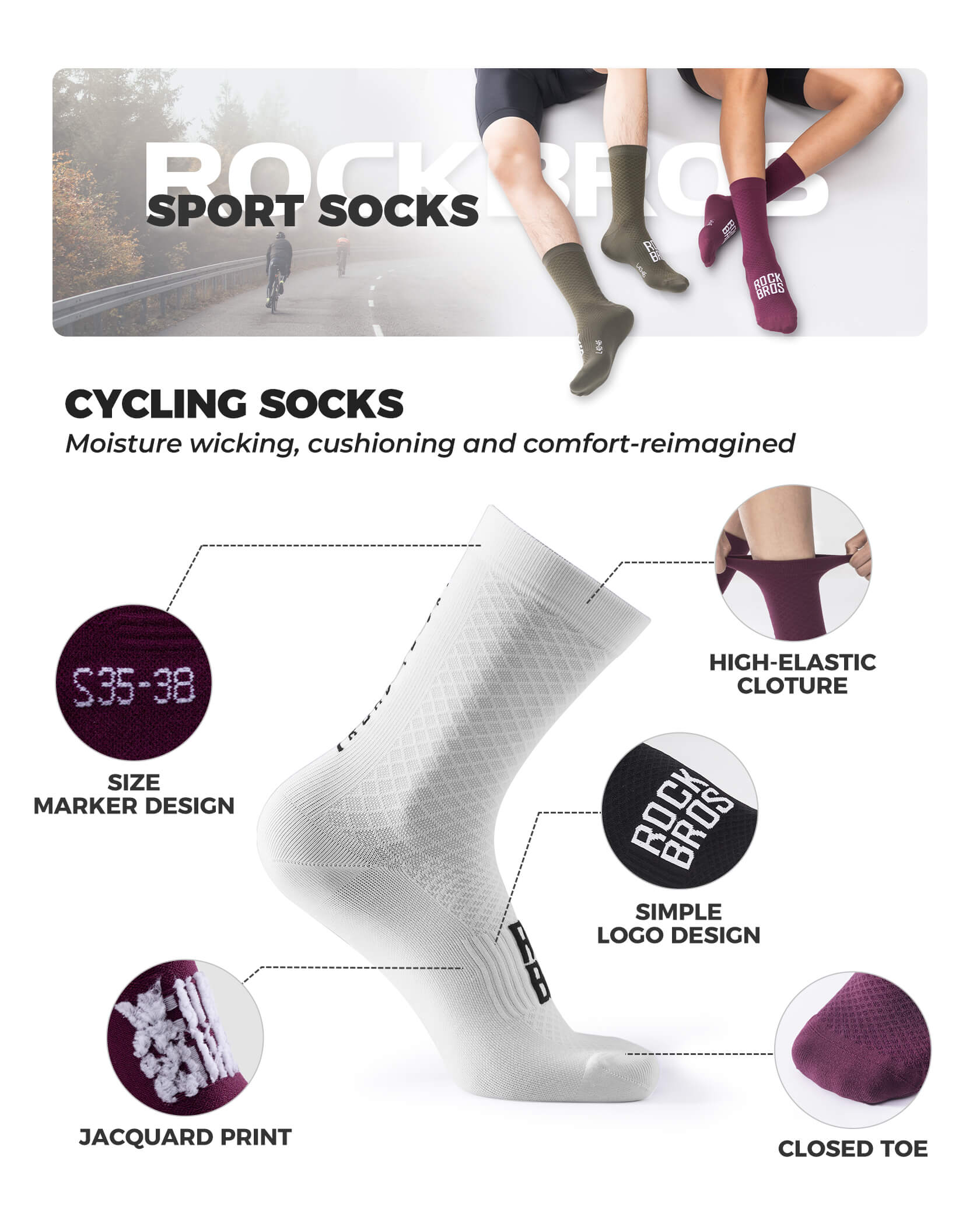 ROCKBROS ROAD TO SKY breathable cycling socks with mesh ventilation for road and mountain biking
#Color_White
