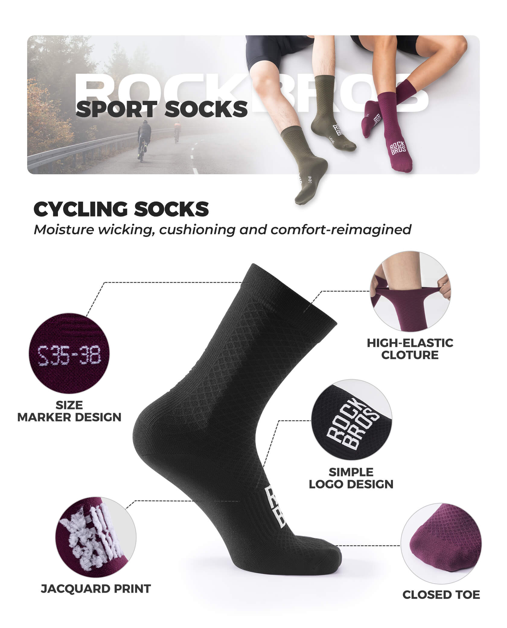 ROCKBROS ROAD TO SKY breathable cycling socks with mesh ventilation for road and mountain biking
#Color_Black
