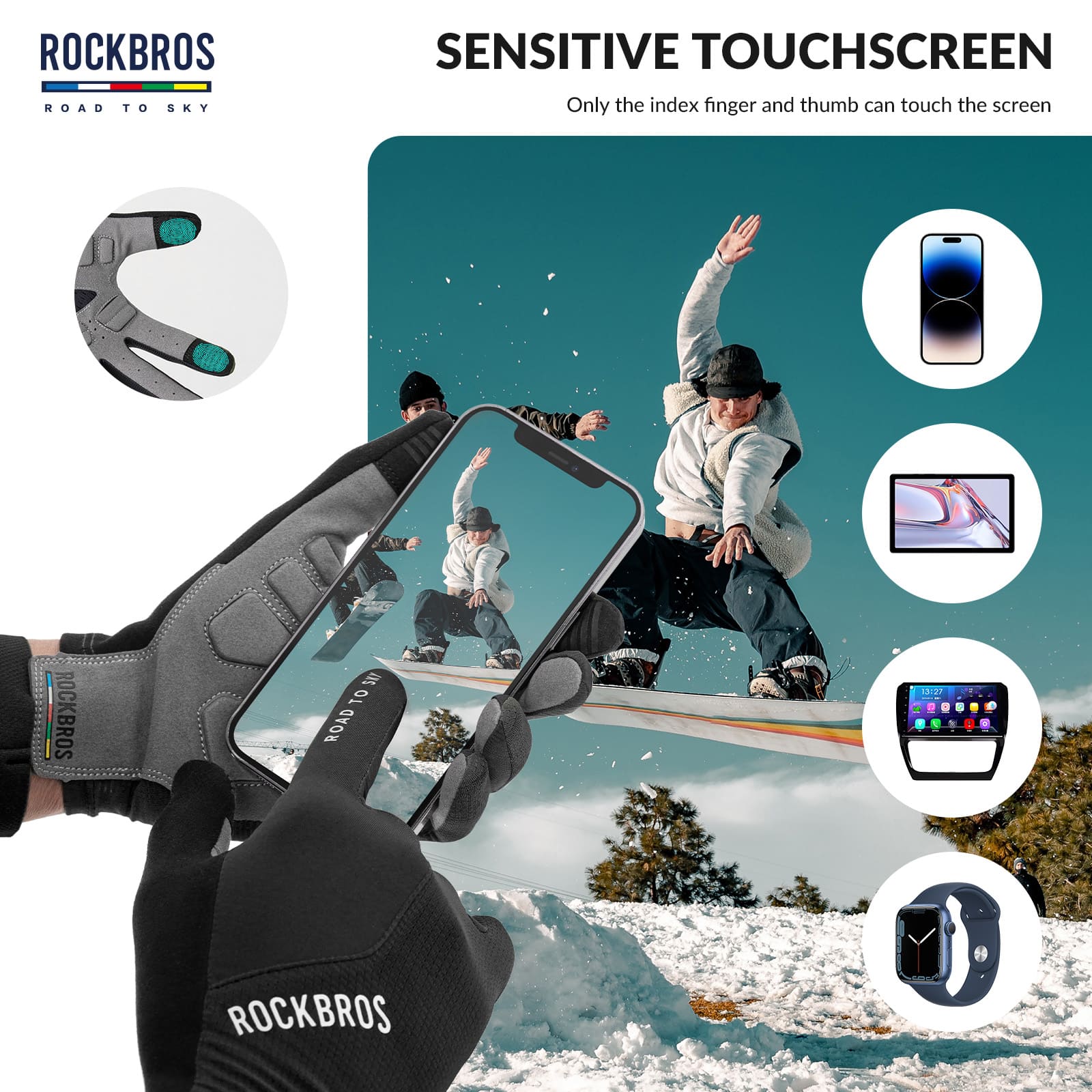 ROCKBROS Road to Sky breathable full finger cycling gloves with SBR padded palm and touchscreen fingertips
#Color_Black