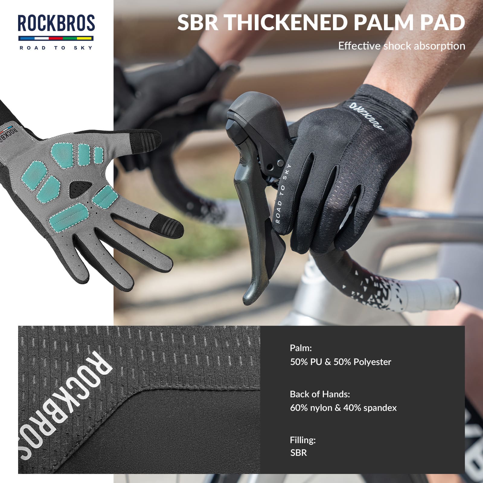 ROCKBROS Road to Sky breathable full finger cycling gloves with SBR padded palm and touchscreen fingertips
#Color_Black