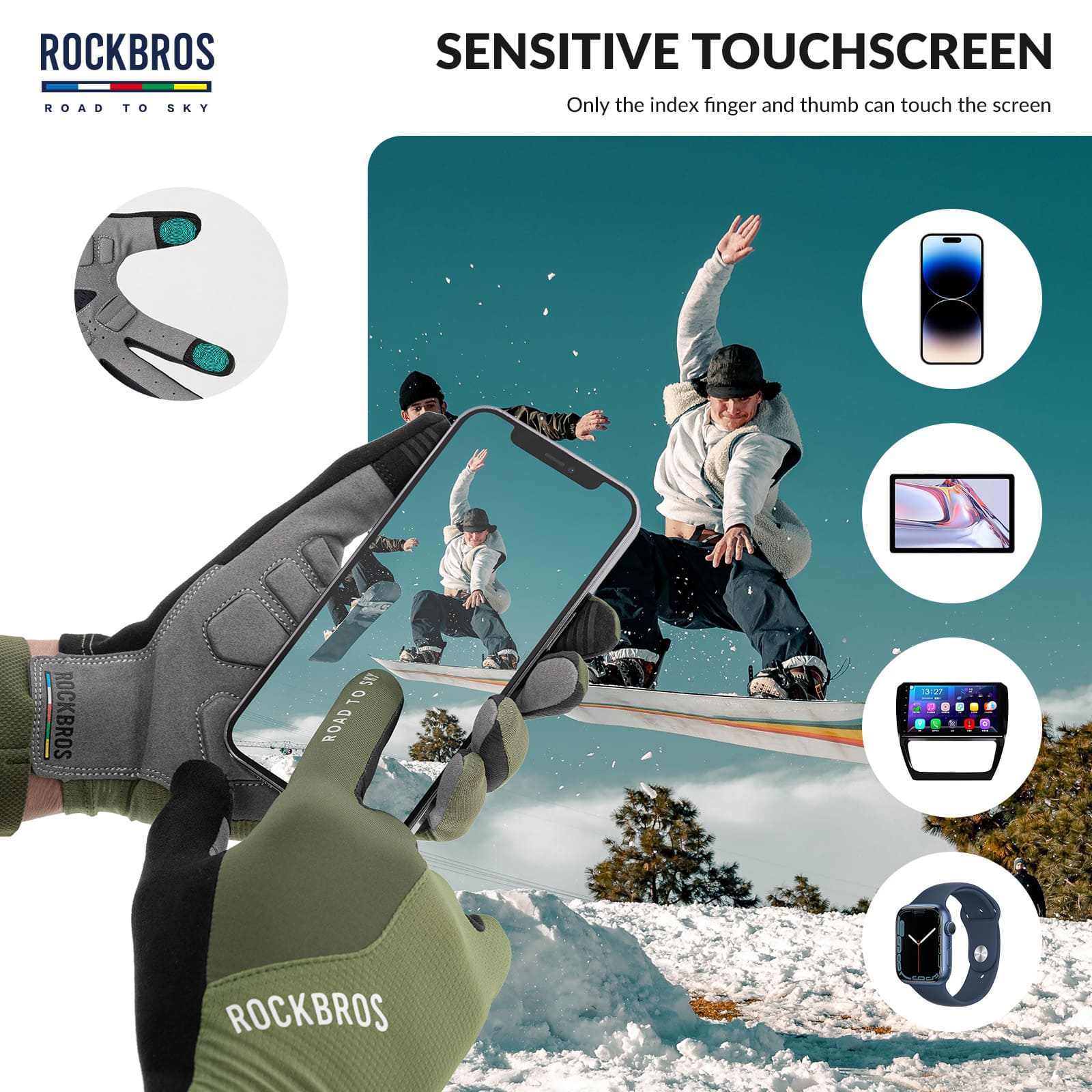 ROCKBROS Road to Sky breathable full finger cycling gloves with SBR padded palm and touchscreen fingertips
#Color_Green