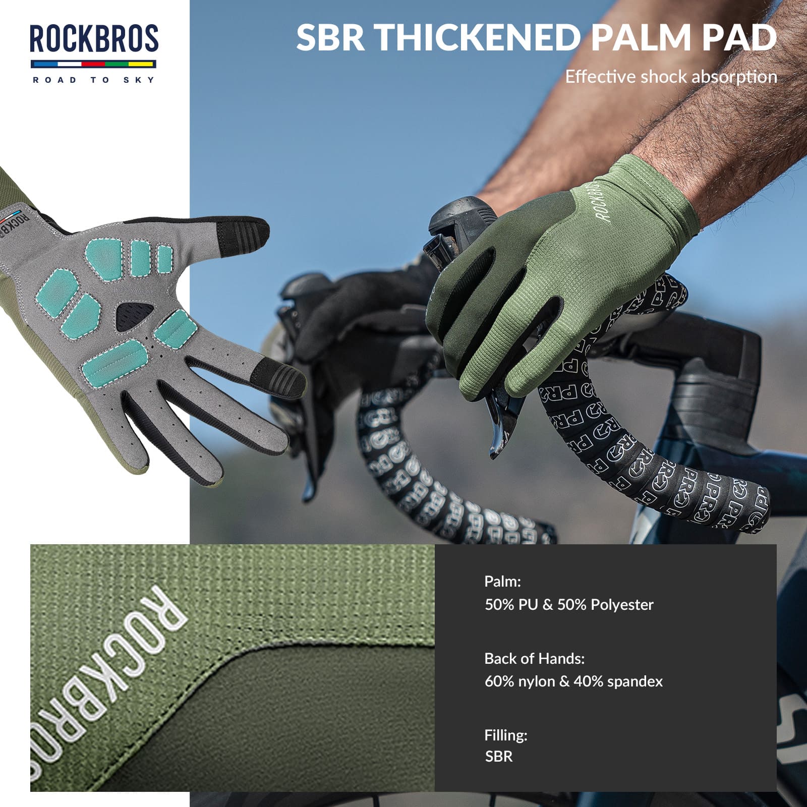 ROCKBROS Road to Sky breathable full finger cycling gloves with SBR padded palm and touchscreen fingertips
#Color_Green