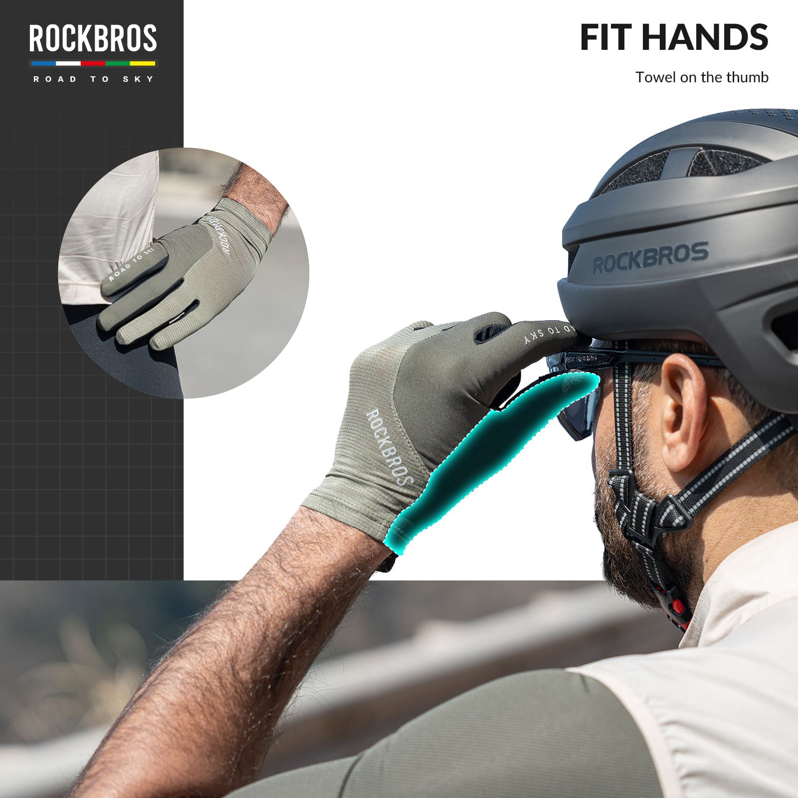 ROCKBROS Road to Sky breathable full finger cycling gloves with SBR padded palm and touchscreen fingertips
#Color_Green