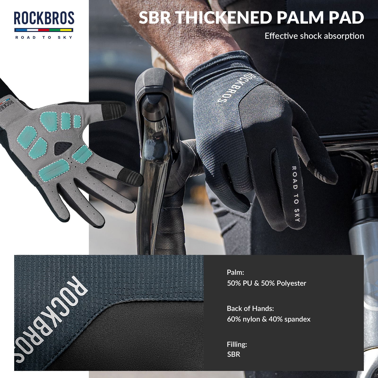 ROCKBROS Road to Sky breathable full finger cycling gloves with SBR padded palm and touchscreen fingertips
#Color_Navy