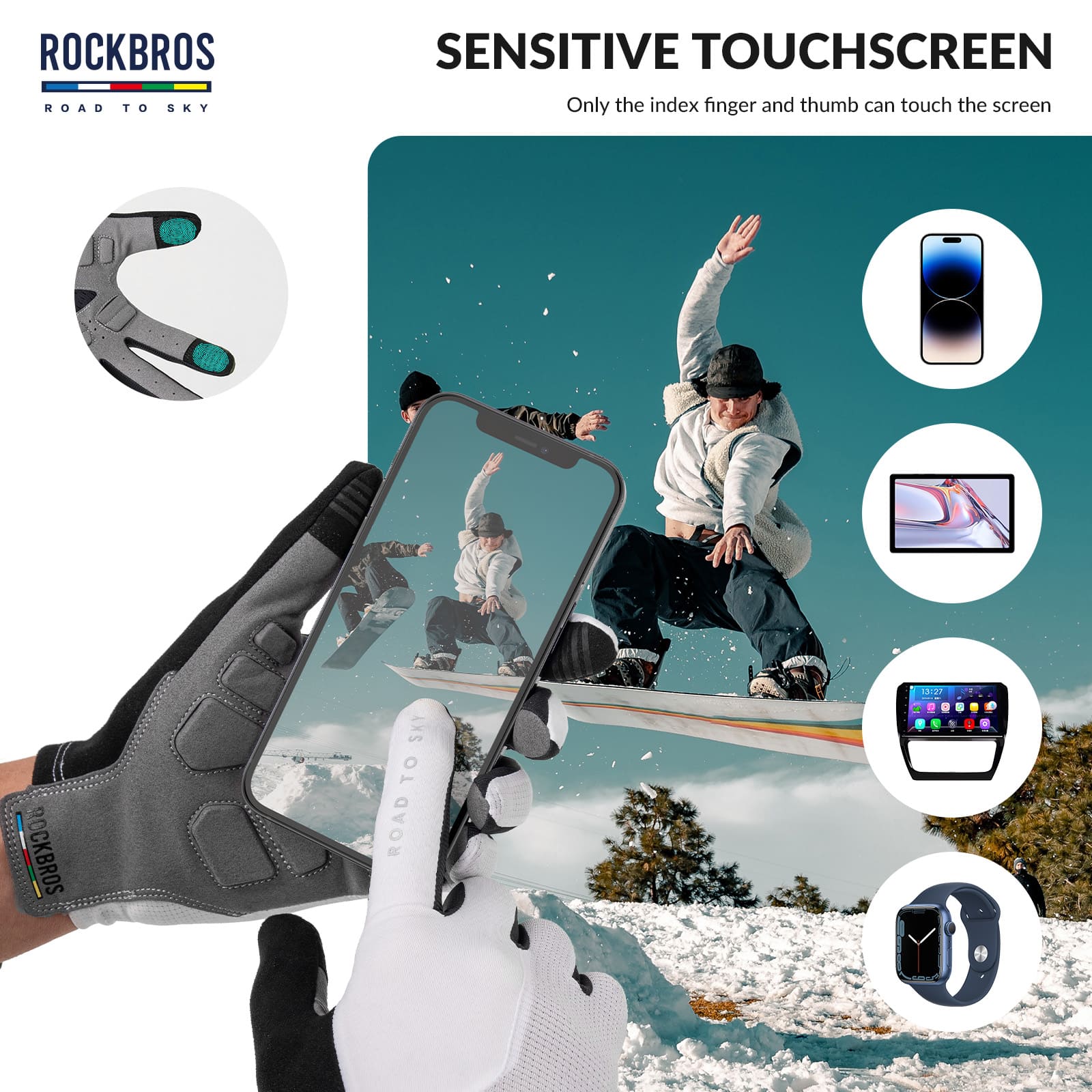 ROCKBROS Road to Sky breathable full finger cycling gloves with SBR padded palm and touchscreen fingertips
#Color_White