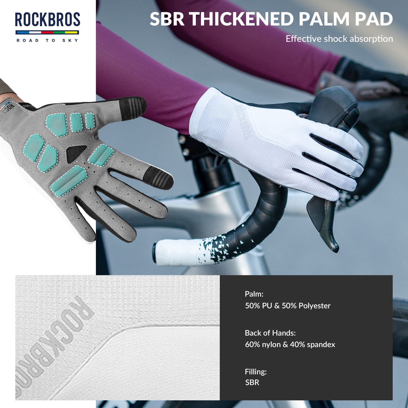 ROCKBROS Road to Sky breathable full finger cycling gloves with SBR padded palm and touchscreen fingertips
#Color_White