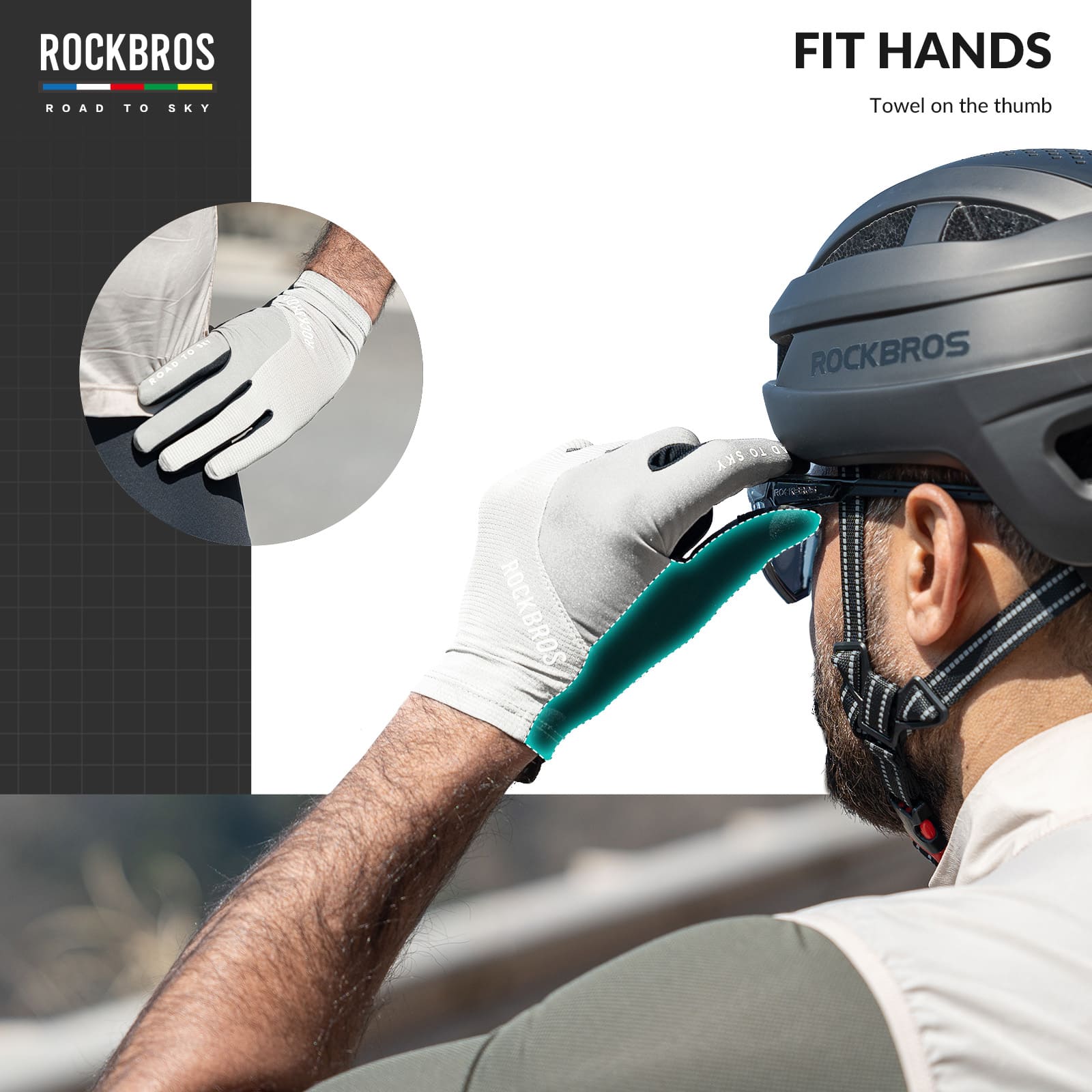 ROCKBROS Road to Sky breathable full finger cycling gloves with SBR padded palm and touchscreen fingertips
#Color_White