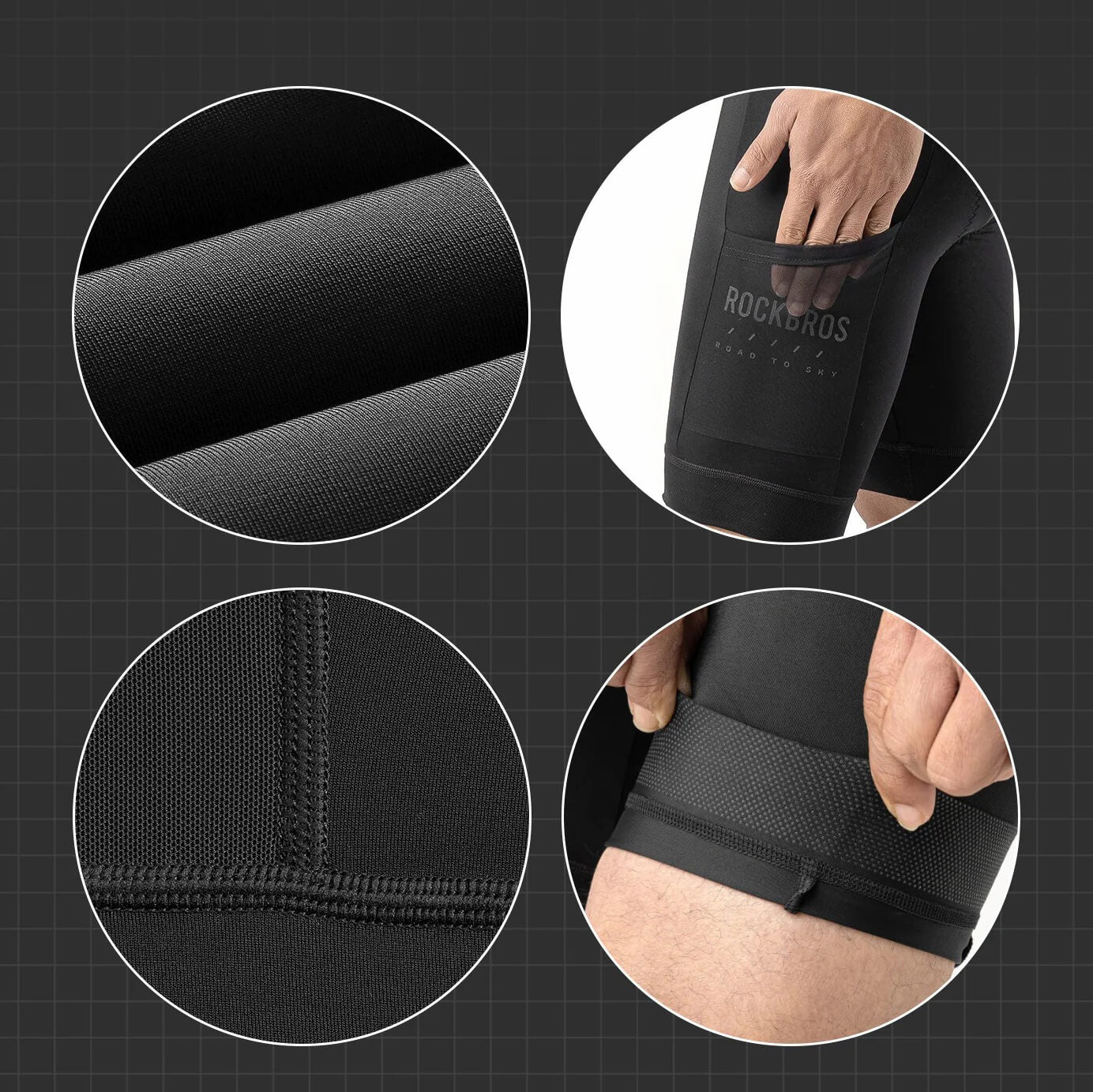 ROCKBROS cycling shorts with side mesh pockets for easy access and ventilated storage