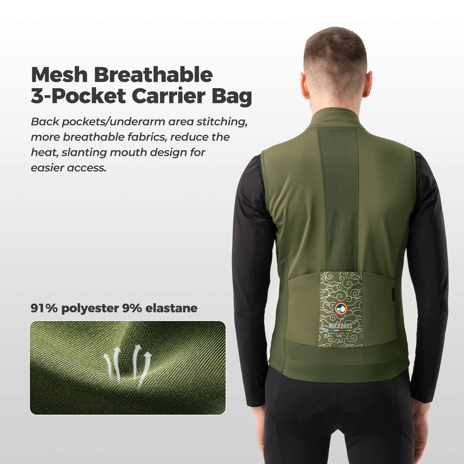 Lightweight cycling vest with three rear mesh pockets and underarm ventilation panels for road cycling convenience