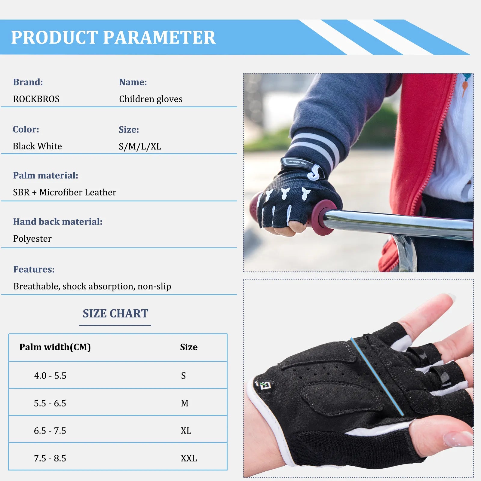 ROCKBROS S145 kids padded cycling gloves with shock-absorbing protection and non-slip grip