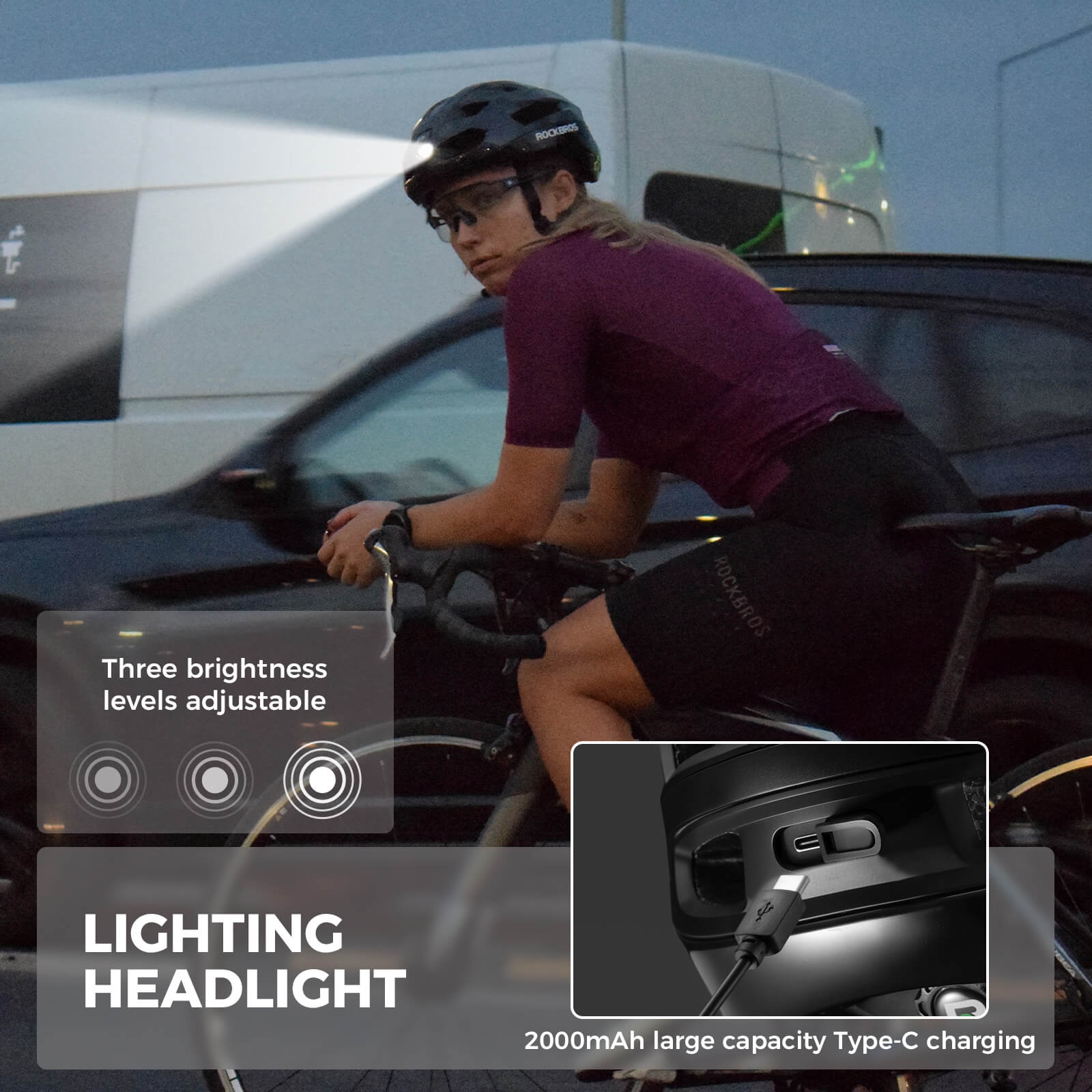 ROCKBROS smart bike helmet with LED front and rear lights and turn signals for night riding safety