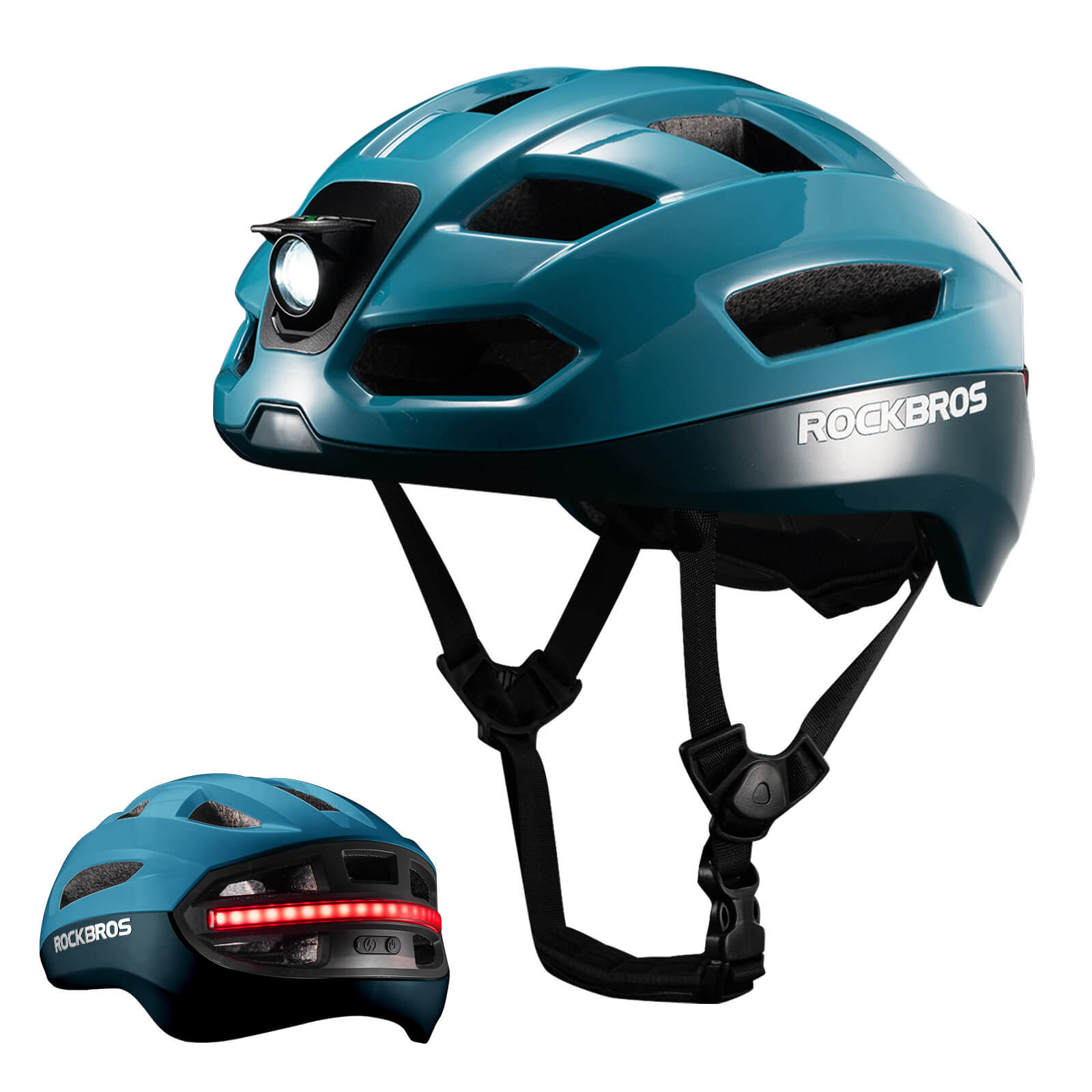 ROCKBROS smart bike helmet with LED front and rear lights and turn signals for night riding safety
#Color_Blue