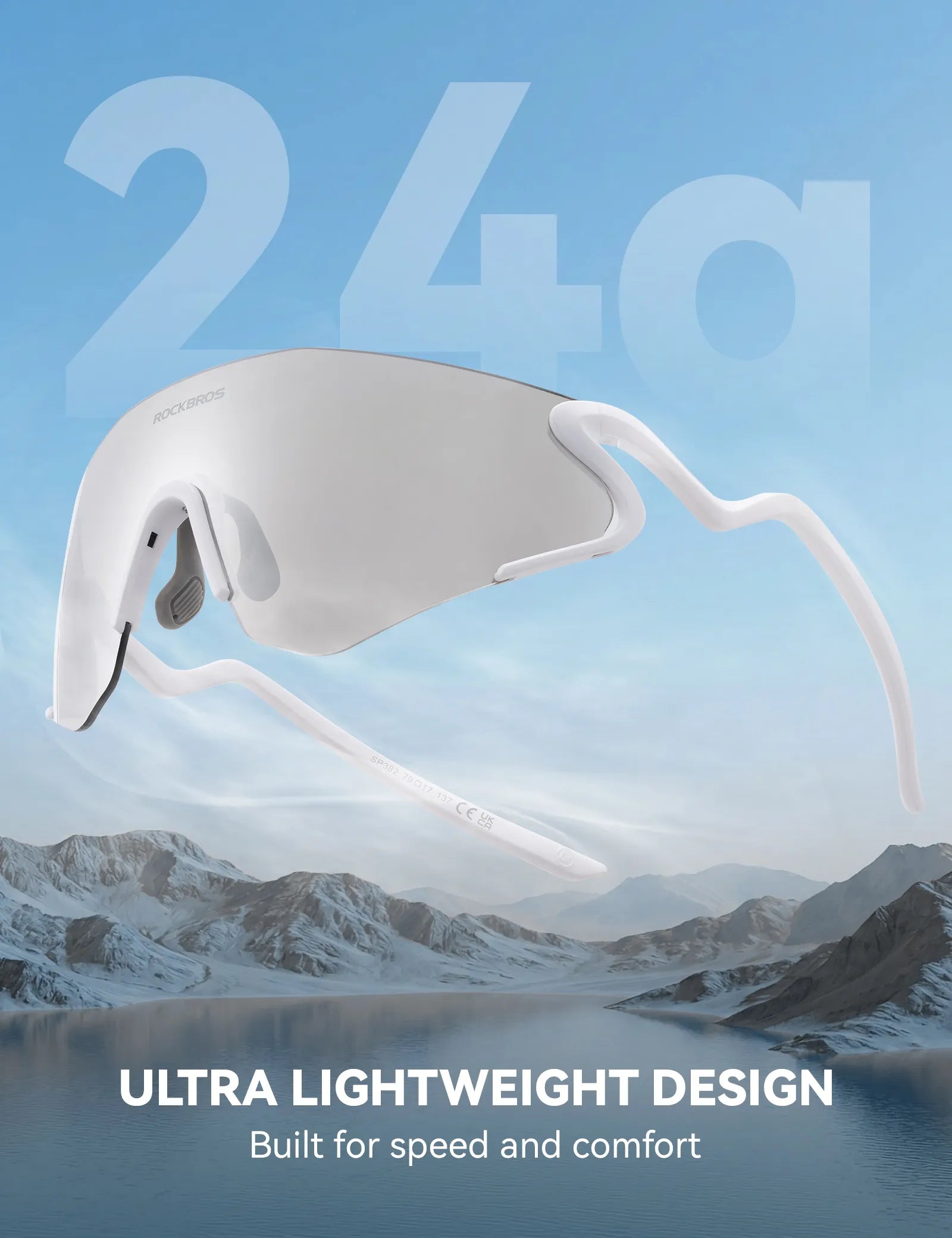 ROCKBROS SP382 cycling sunglasses with REVO anti-glare lens, lightweight TR90 frame, wraparound protection, and prescription insert compatibility
#Color_White