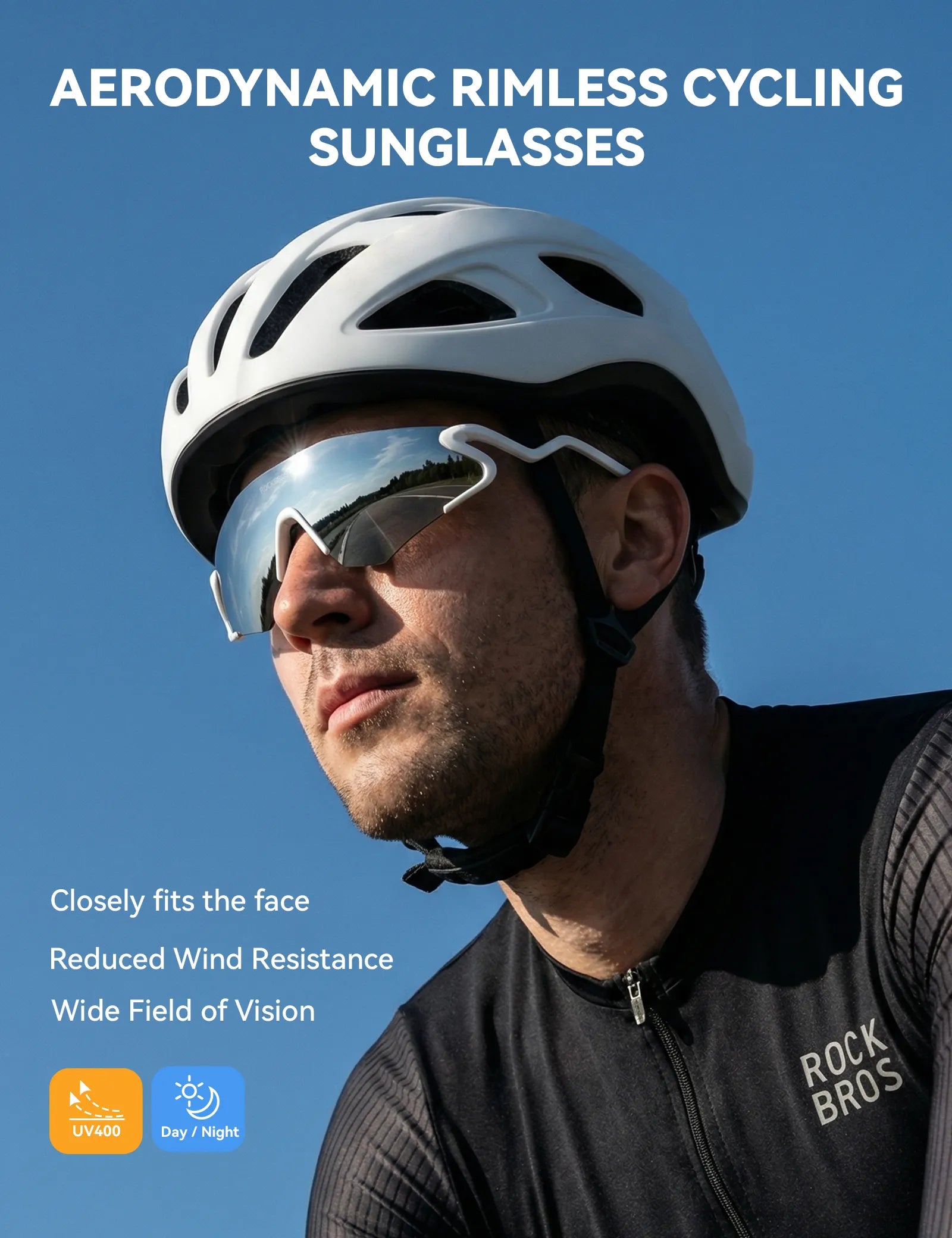 ROCKBROS SP382 cycling sunglasses with REVO anti-glare lens, lightweight TR90 frame, wraparound protection, and prescription insert compatibility