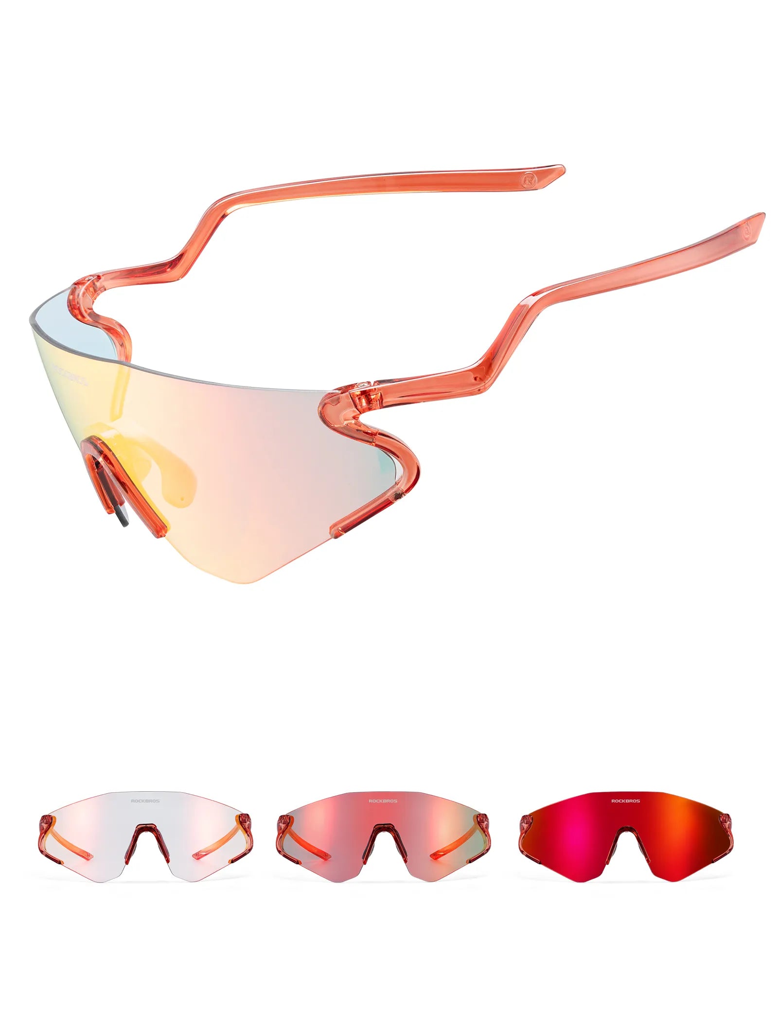 ROCKBROS SP382 cycling sunglasses with REVO anti-glare lens, lightweight TR90 frame, wraparound protection, and prescription insert compatibility
#Color_Red