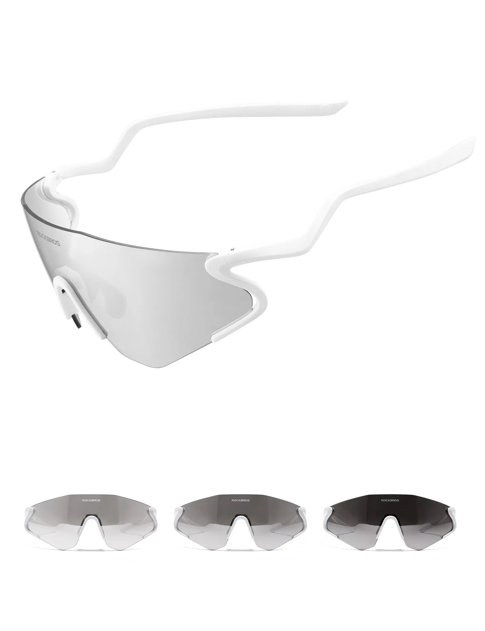 ROCKBROS SP382 cycling sunglasses with REVO anti-glare lens, lightweight TR90 frame, wraparound protection, and prescription insert compatibility
#Color_White