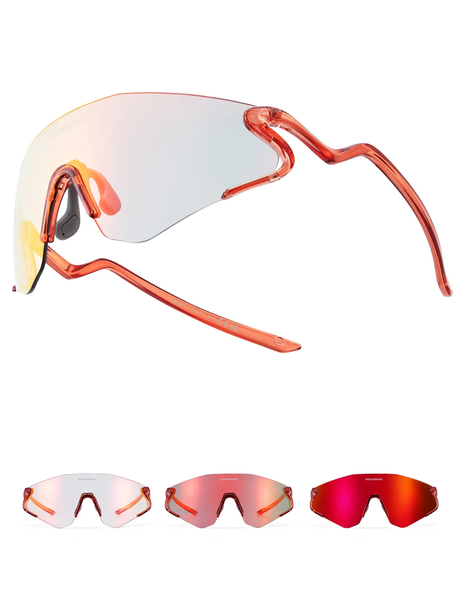 ROCKBROS SP382 cycling sunglasses with REVO anti-glare lens, lightweight TR90 frame, wraparound protection, and prescription insert compatibility
#Color_Red