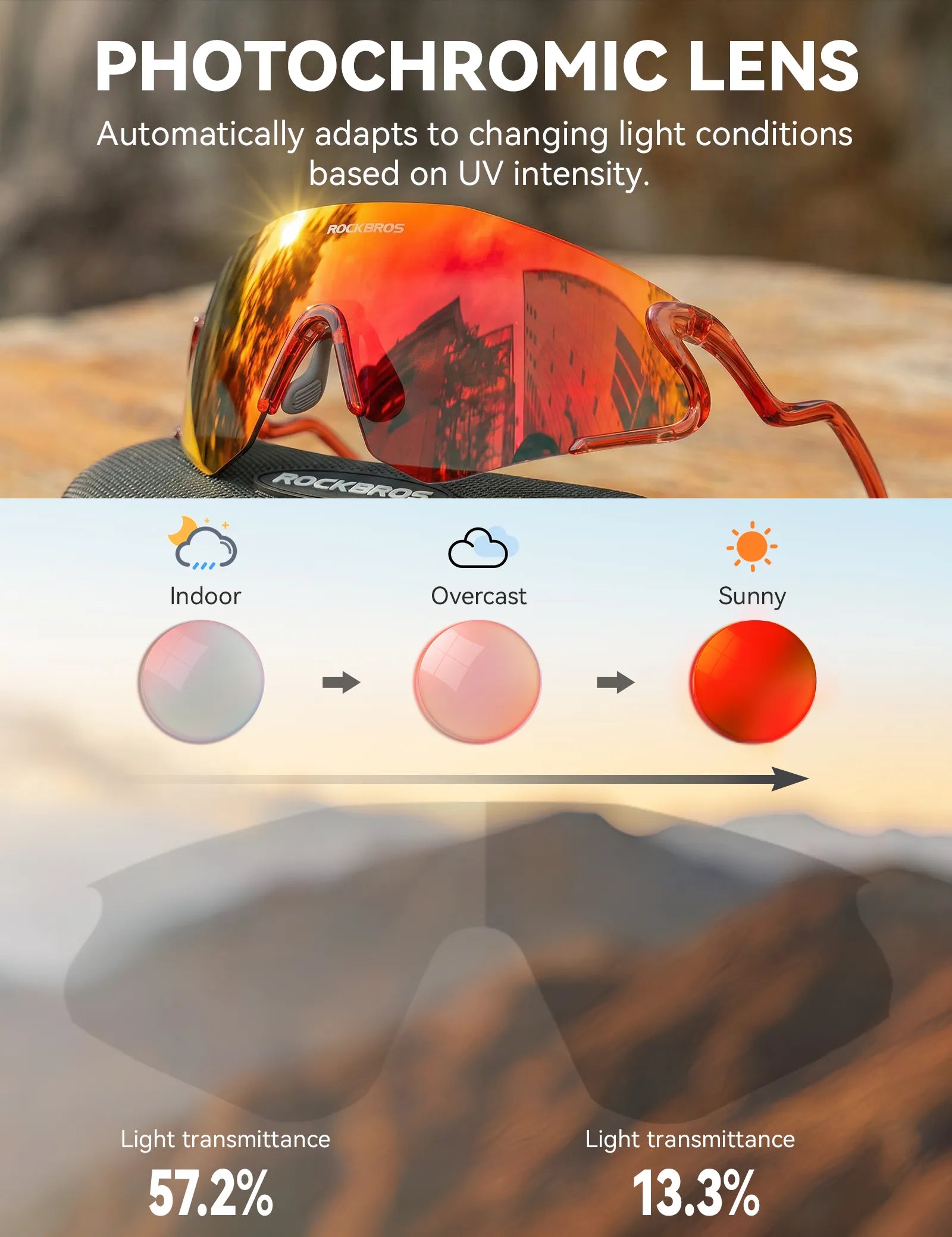 ROCKBROS SP382 cycling sunglasses with REVO anti-glare lens, lightweight TR90 frame, wraparound protection, and prescription insert compatibility
#Color_Red