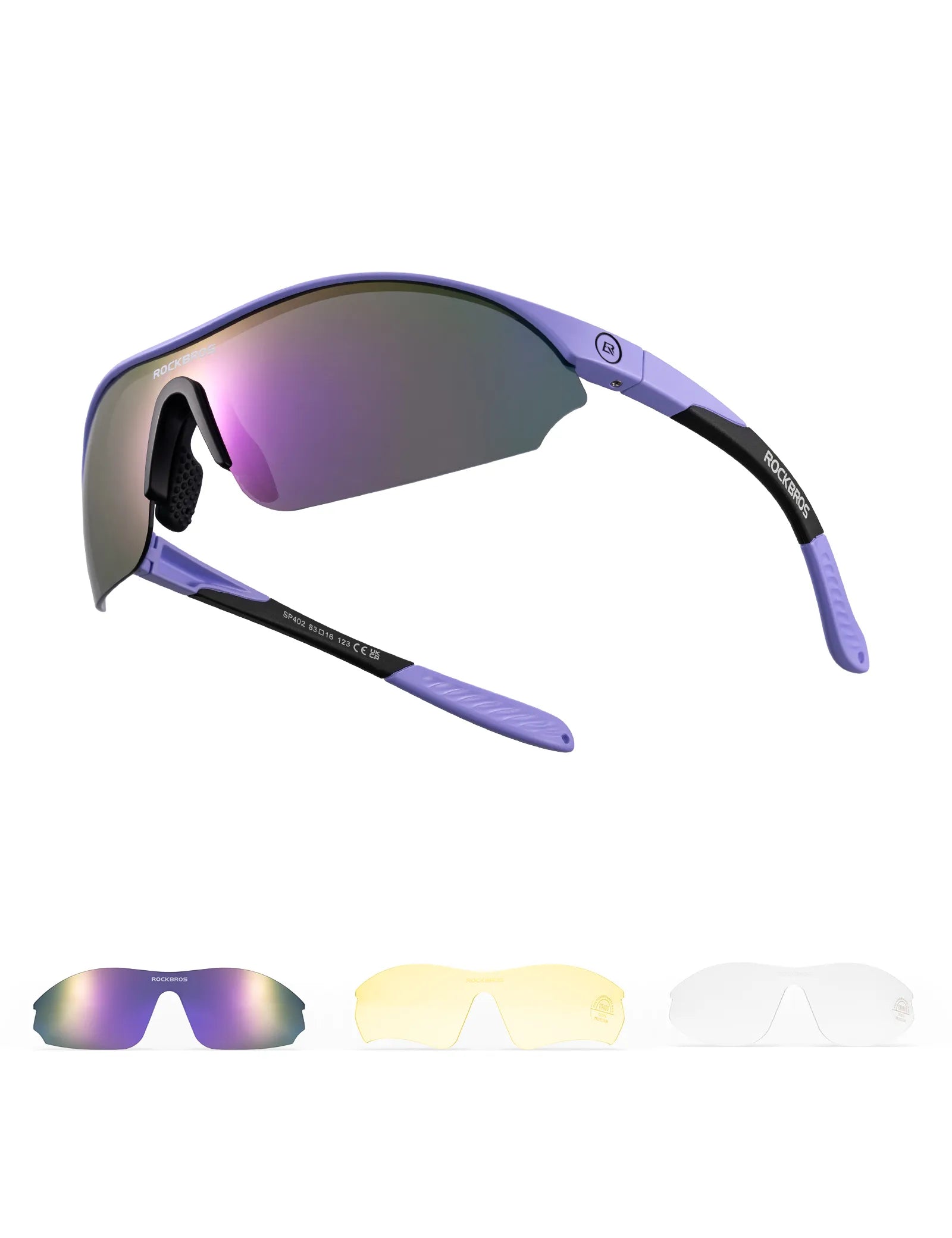 ROCKBROS SP402 sports sunglasses with three interchangeable lenses for cycling, running, and outdoor adventures
#Color_Purple