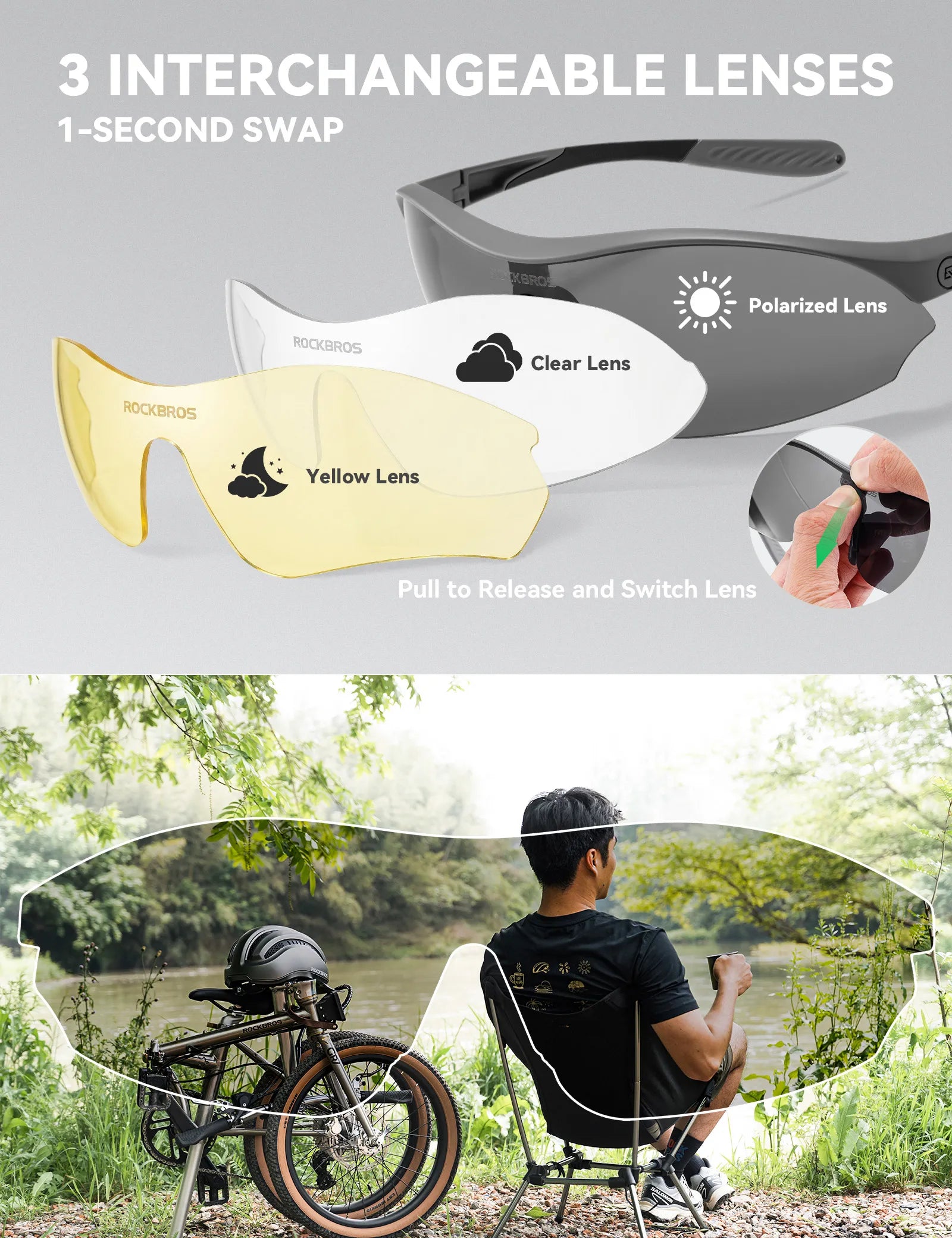 ROCKBROS SP402 sports sunglasses with three interchangeable lenses for cycling, running, and outdoor adventures