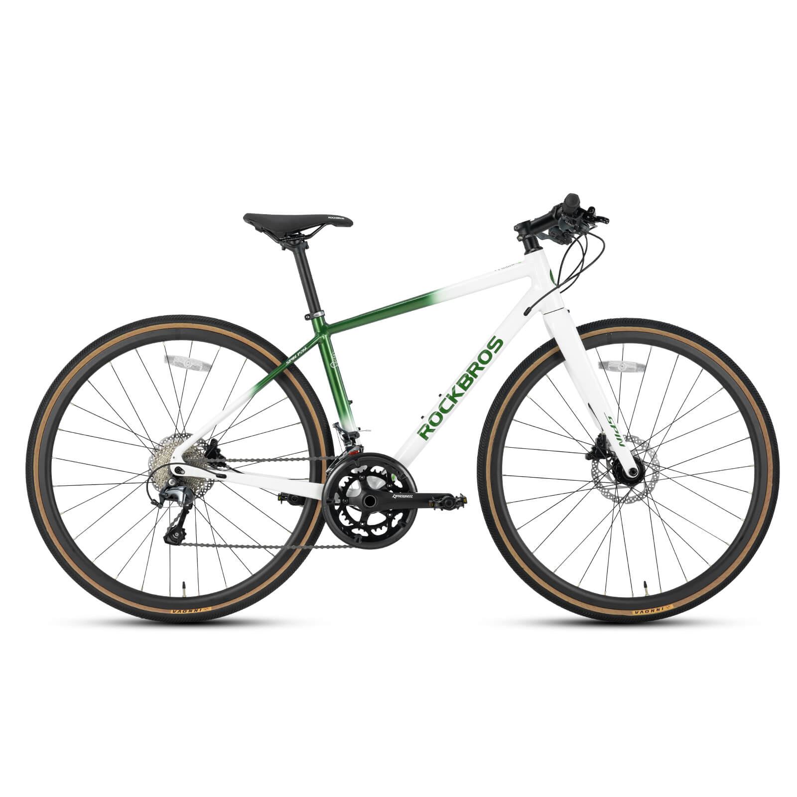 ROCKBROS SPINP2M flat bar road bike with lightweight aluminum frame and Shimano drivetrain for commuting and beginner riders
#Color_Green