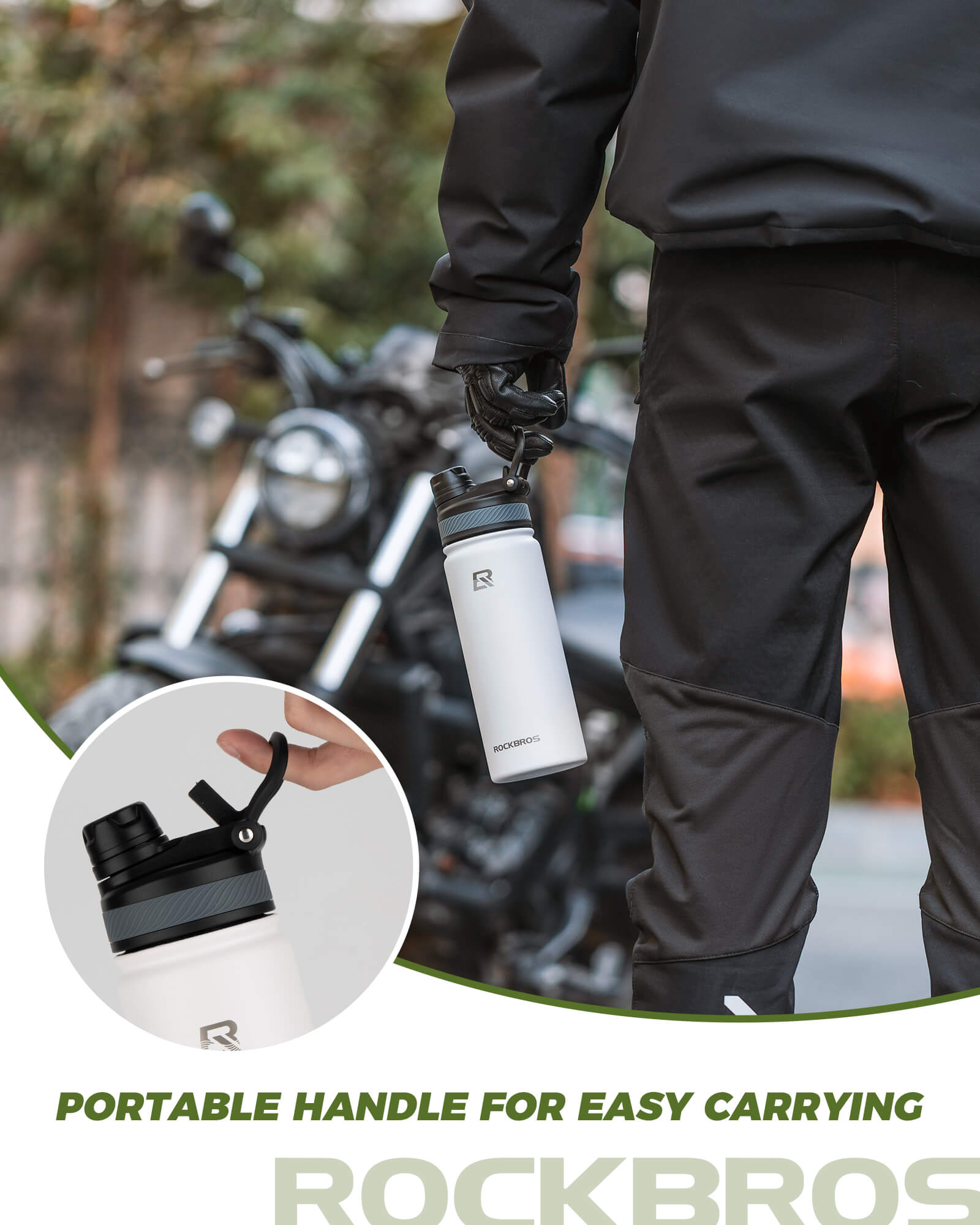 ROCKBROS stainless steel water bottle insulated large capacity with straw lid