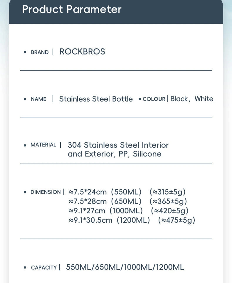 ROCKBROS stainless steel water bottle insulated large capacity with straw lid