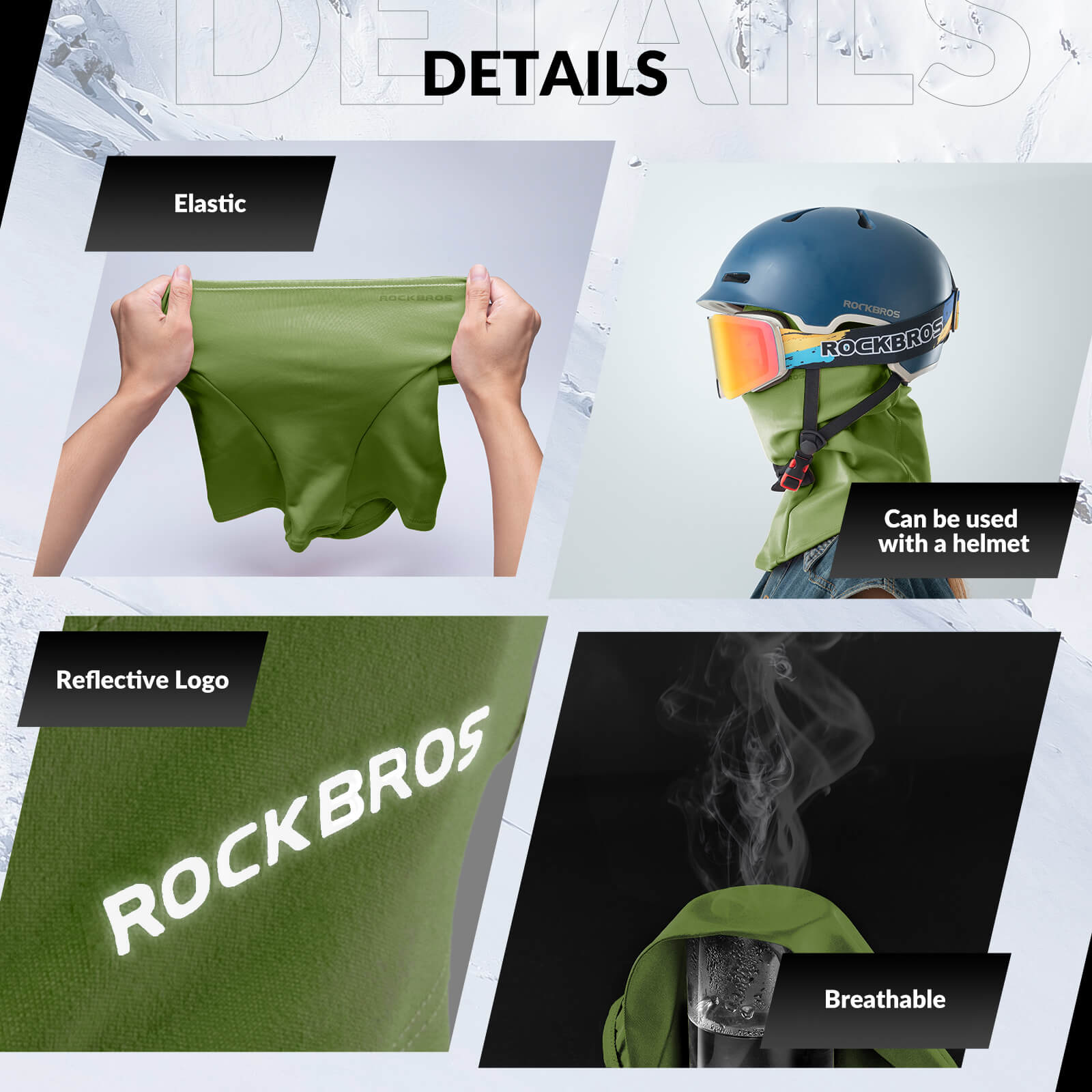 ROCKBROS army green thermal windproof balaclava ski mask for winter cycling and outdoor sports
#Color_Army Green