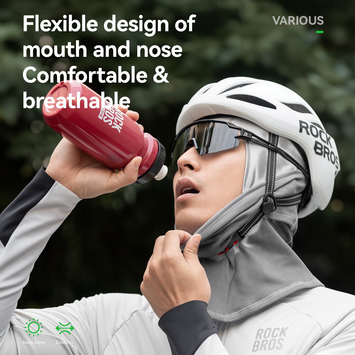 ROCKBROS thermochromic balaclava worn under a cycling helmet for warmth and comfort