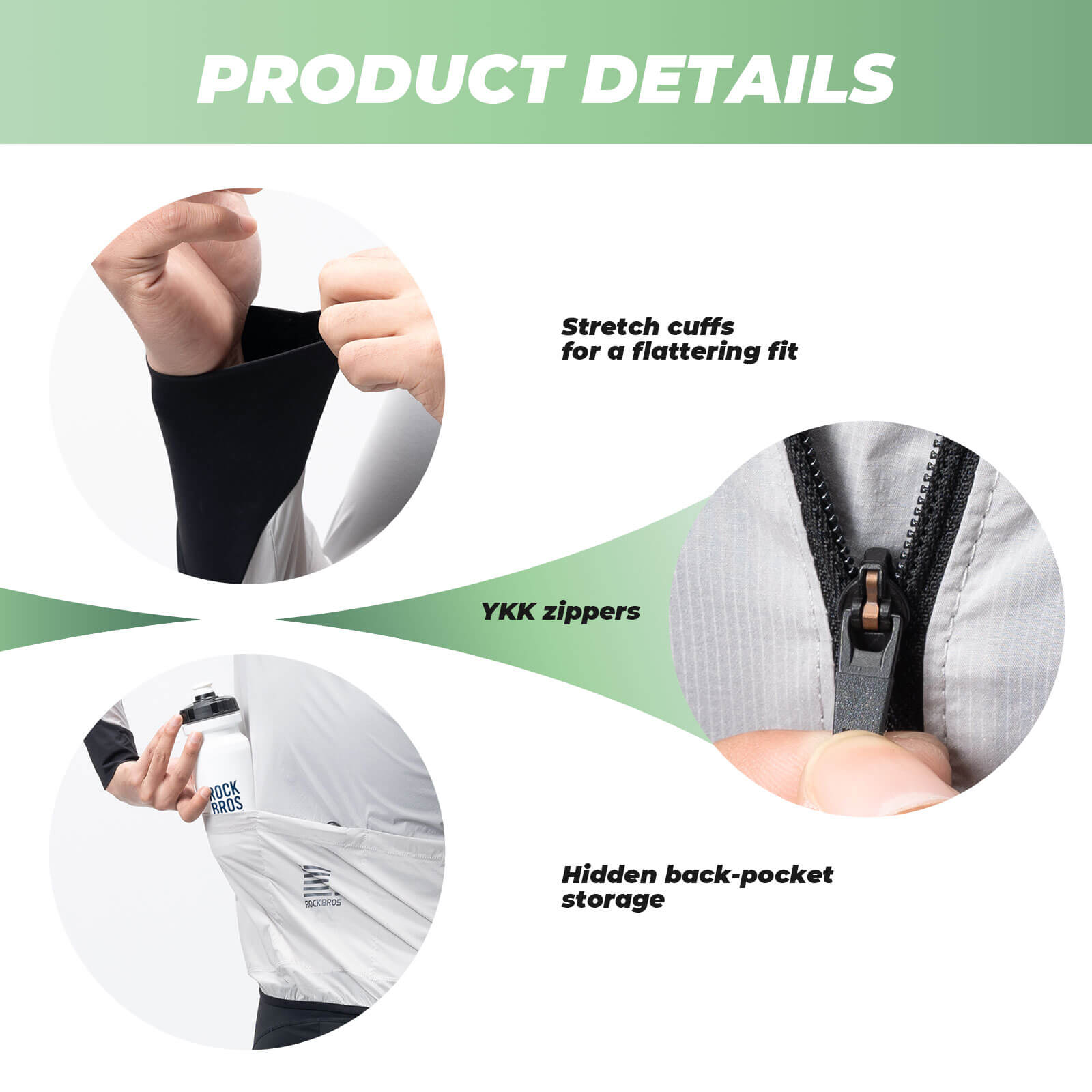 ROCKBROS Lightweight Cycling Windbreaker with YKK Zipper, Elastic Cuffs, and Rear Pockets
