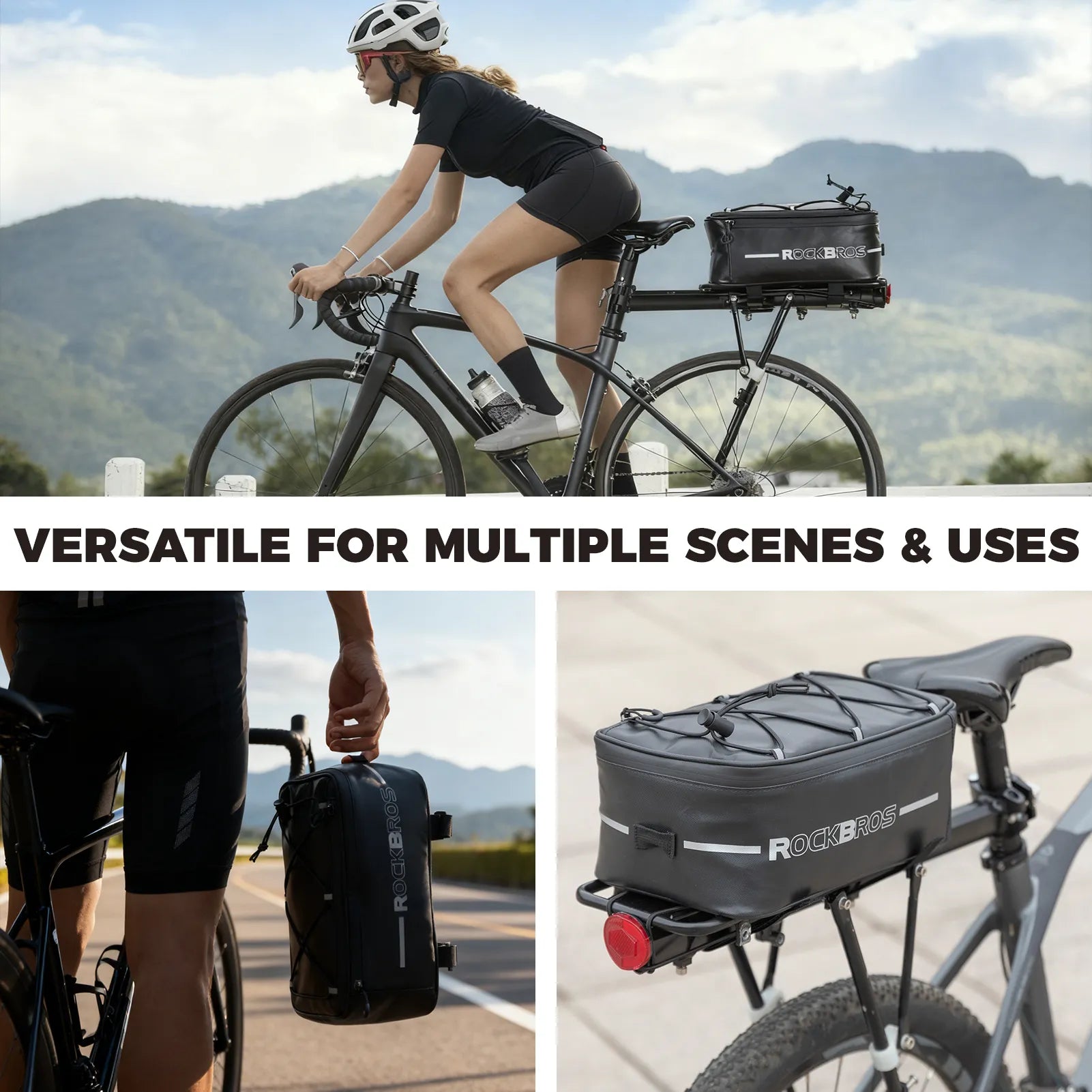 ROCKBROS waterproof bike rear trunk bag with rain cover and reflective stripes