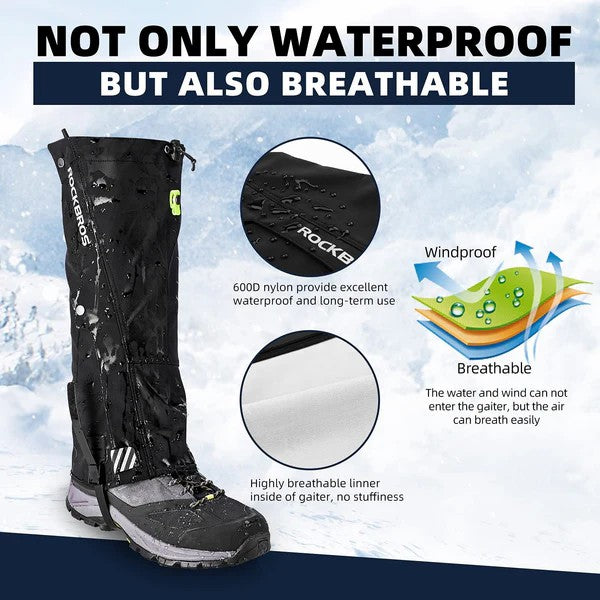 ROCKBROS Waterproof Leg Gaiters for hiking, skiing, and outdoor activities, protecting legs from water, mud, and debris