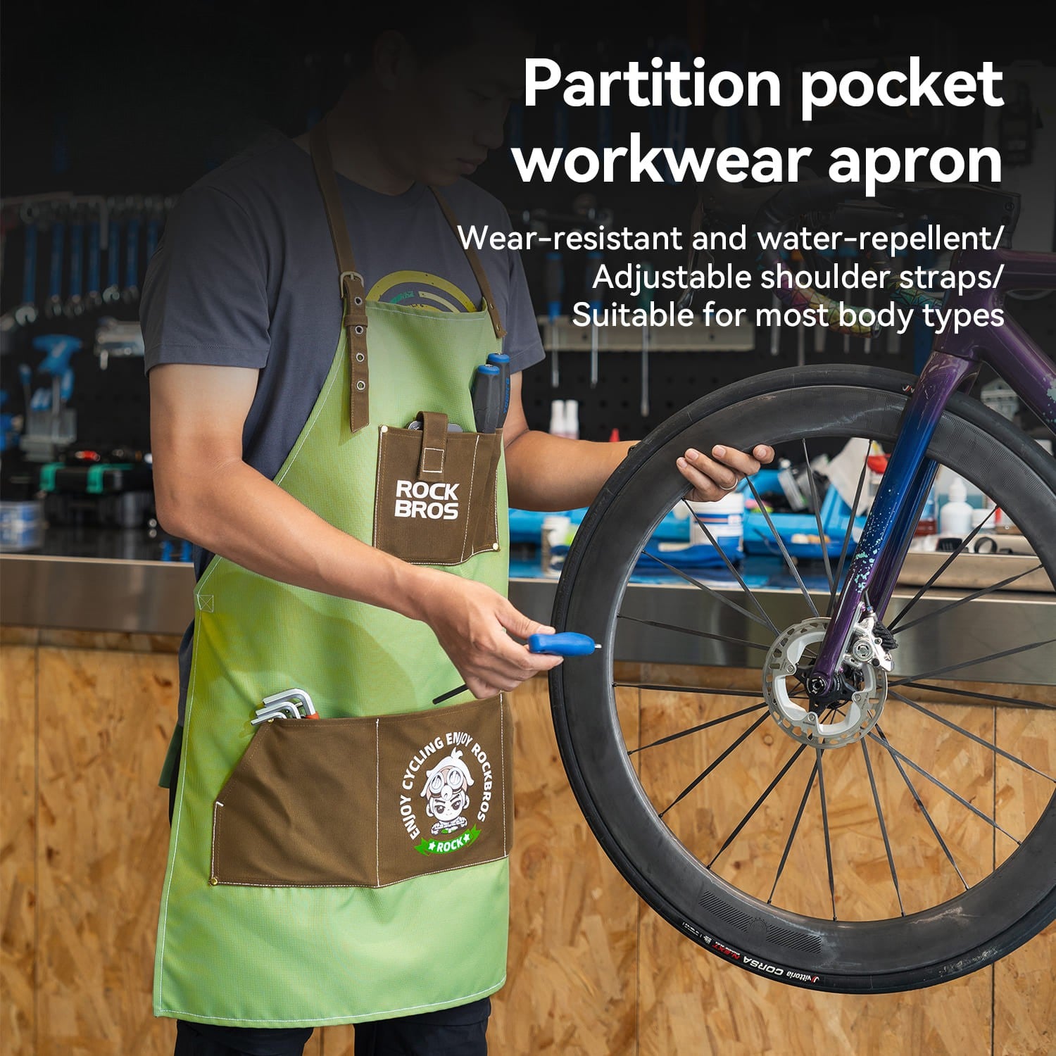 ROCKBROS waterproof work apron with multi-pocket storage for bicycle repair workshop