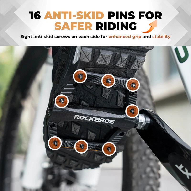 ROCKBROS wide nylon flat bike pedals with anti-slip grip and sealed bearings for MTB cycling