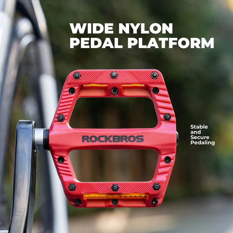 ROCKBROS wide nylon flat bike pedals with anti-slip grip and sealed bearings for MTB cycling
#Color_Red