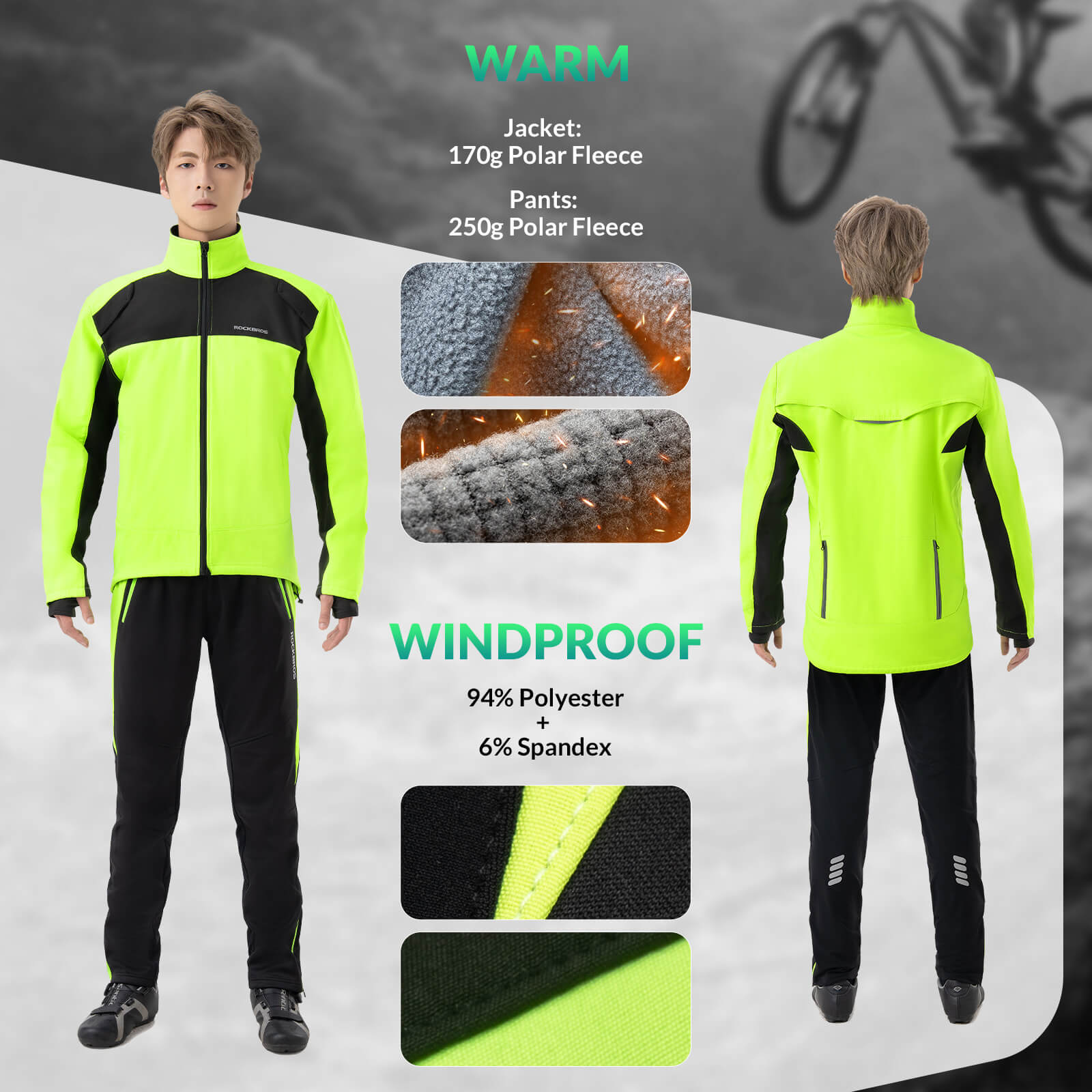 ROCKBROS winter cycling kit with thermal fleece windproof jersey and pants for cold weather