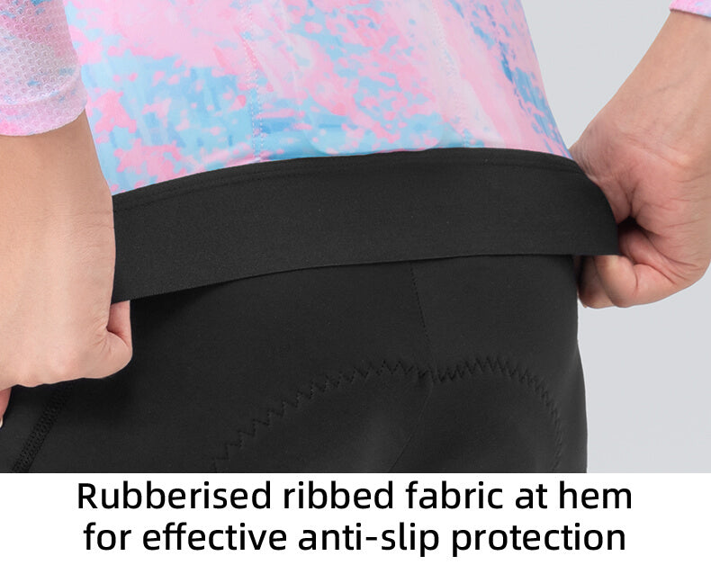 Close-up of a garment with rubberised ribbed fabric at the hem for anti-slip protection.