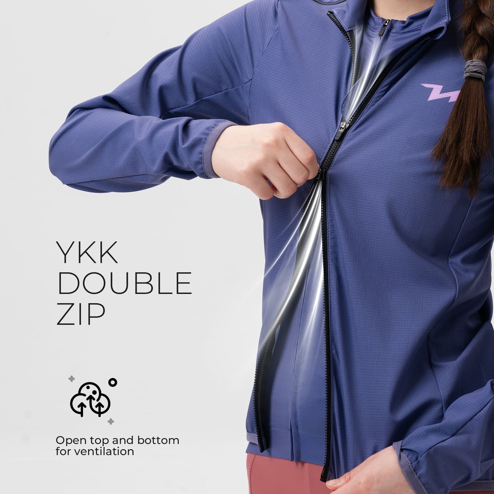 Close-up of two-way zipper on ROCKBROS Women's TVI Cycling Windbreaker Jacket for adjustable ventilation and easy wear