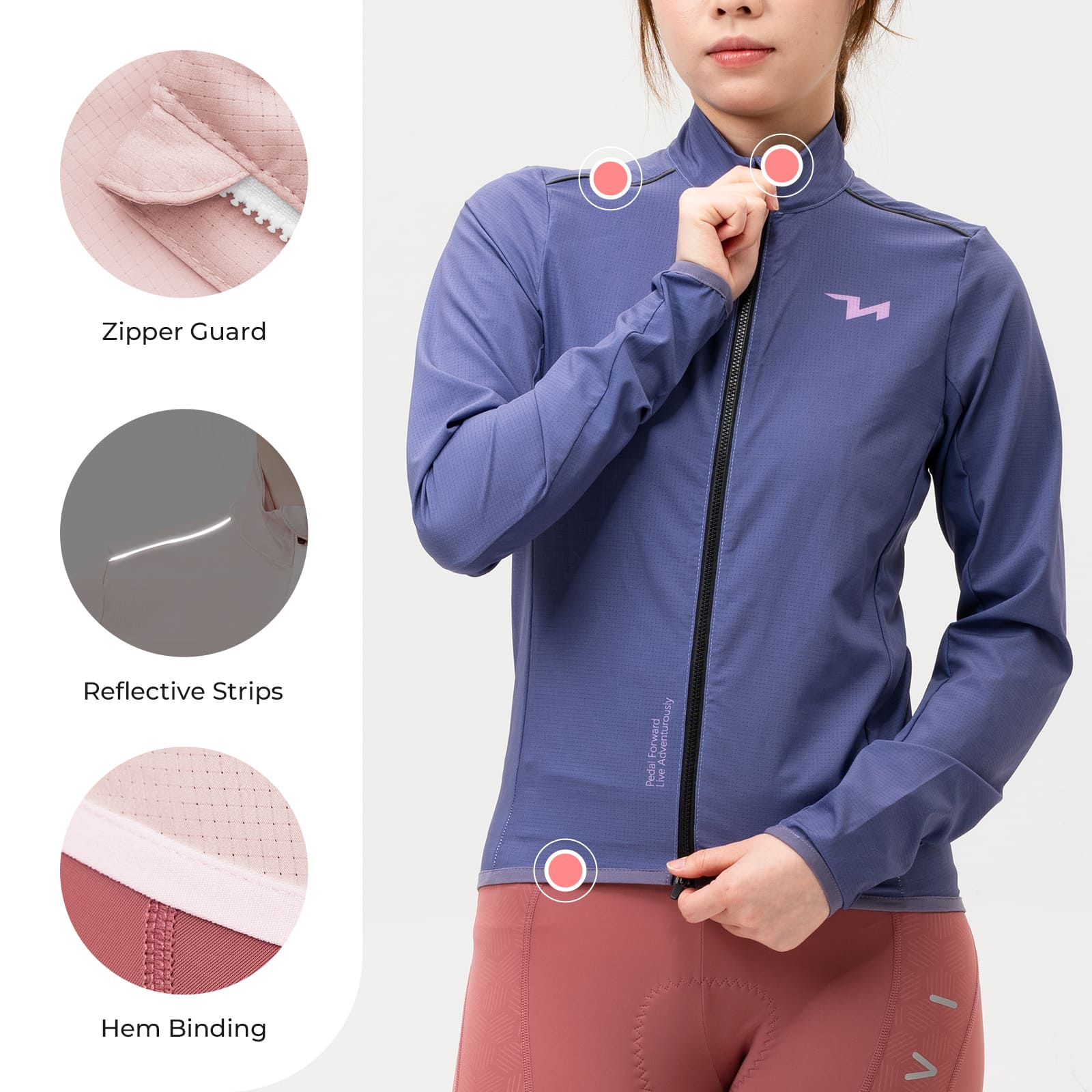 Side view of ROCKBROS Women's TVI Cycling Windbreaker Jacket highlighting windproof and breathable design suitable for all seasons