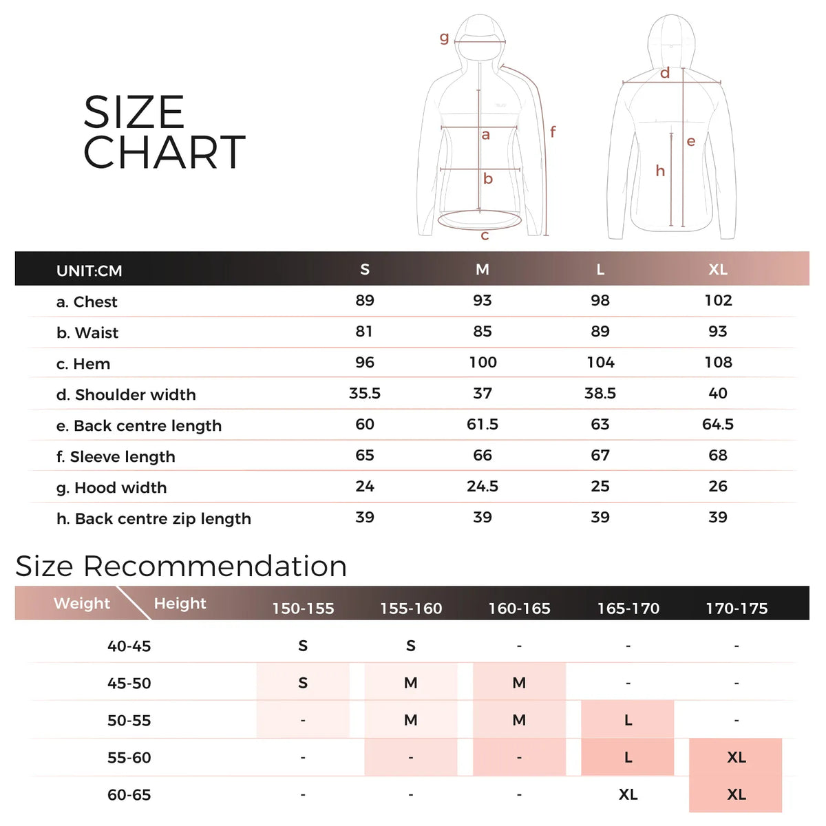 TVI women’s cycling jacket size chart
