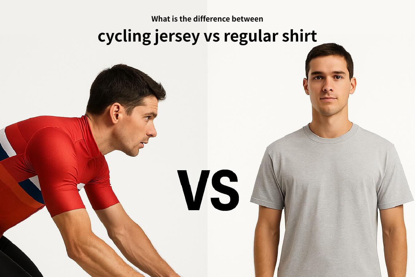 Cyclist wearing a cycling jersey compared to another person in a regular cotton shirt, showing differences in fit and performance