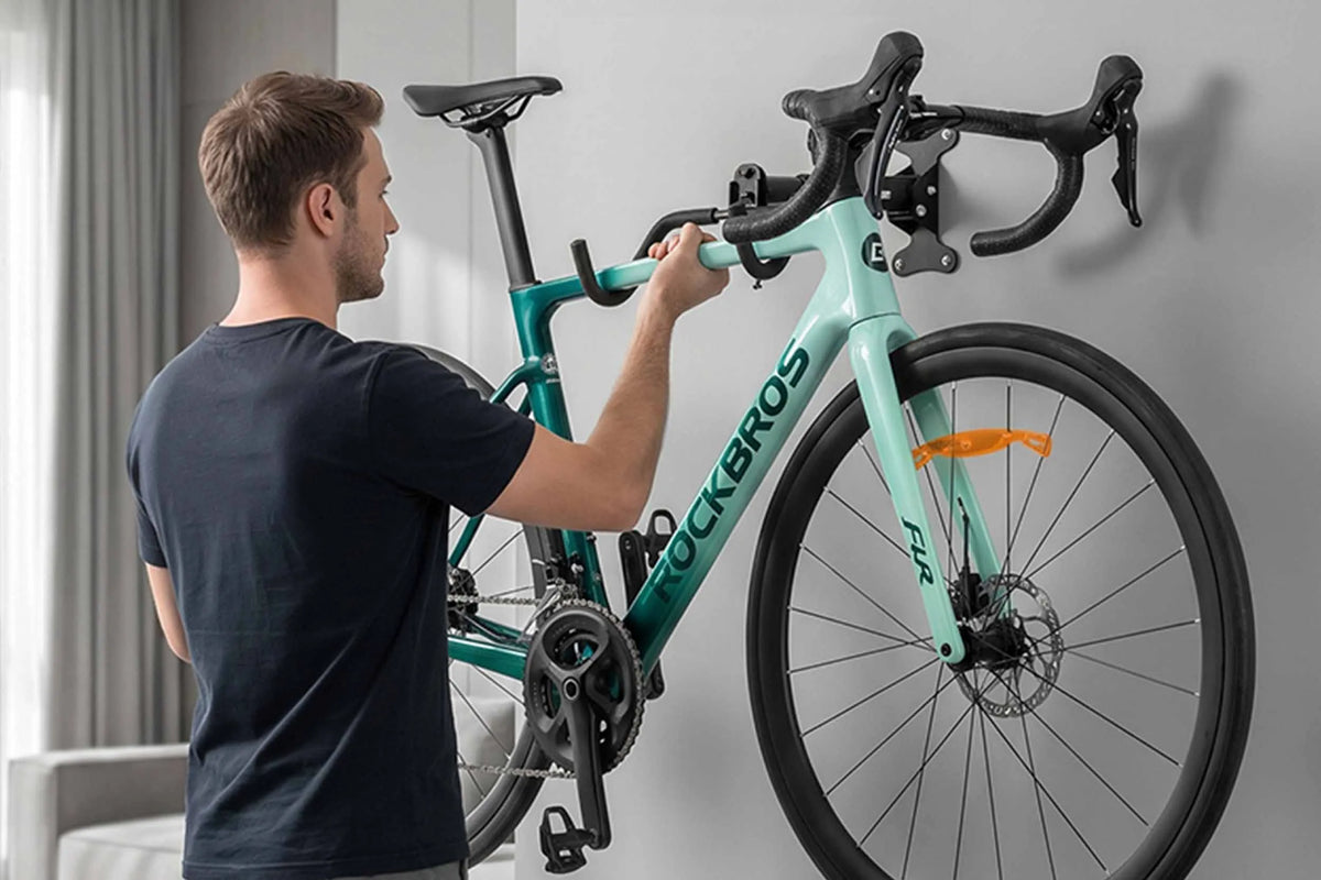 Floor stand and wall-mounted rack used for space-saving bike storage at home