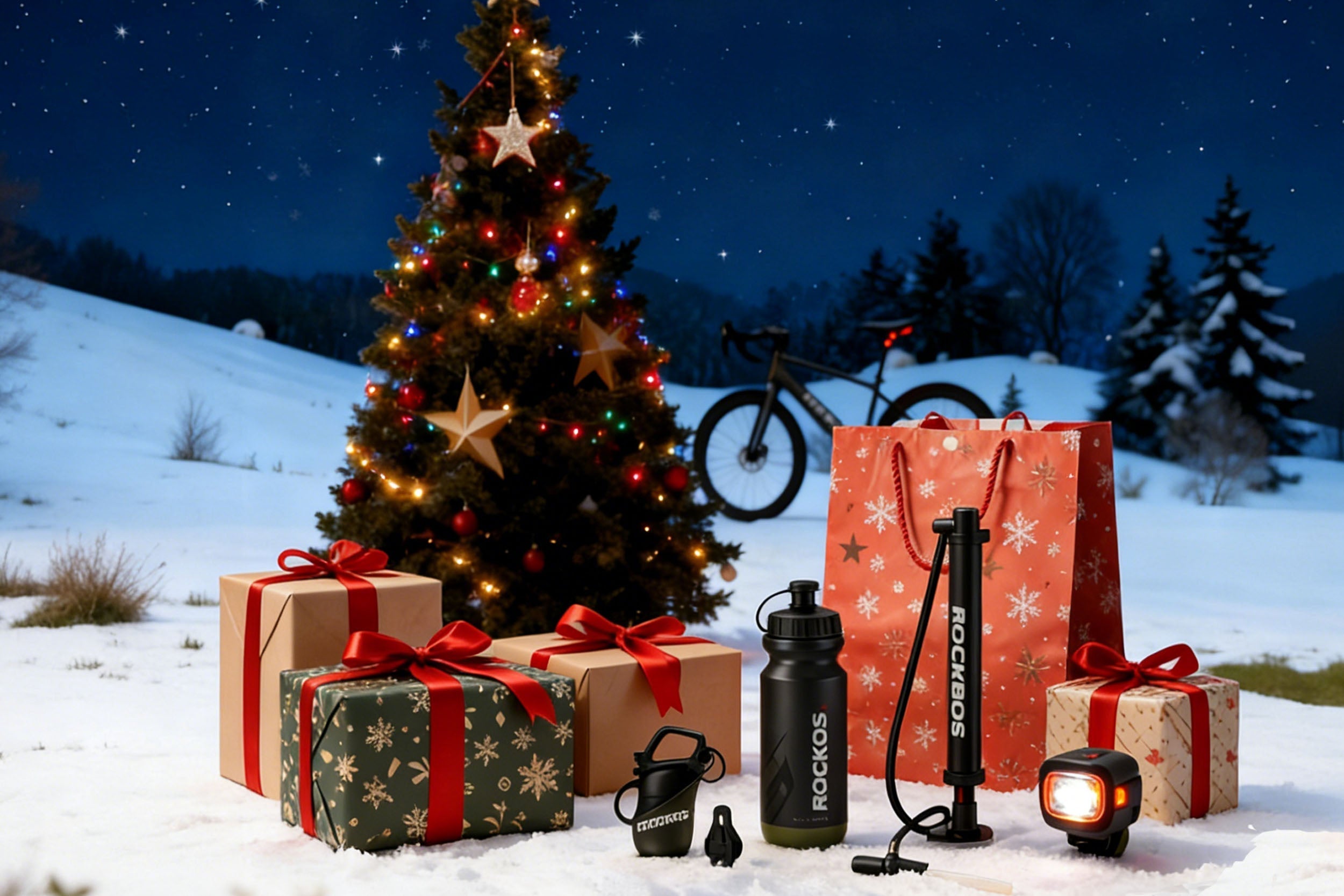 Christmas cycling gift guide 2025 with ROCKBROS helmets, lights, and bike gear