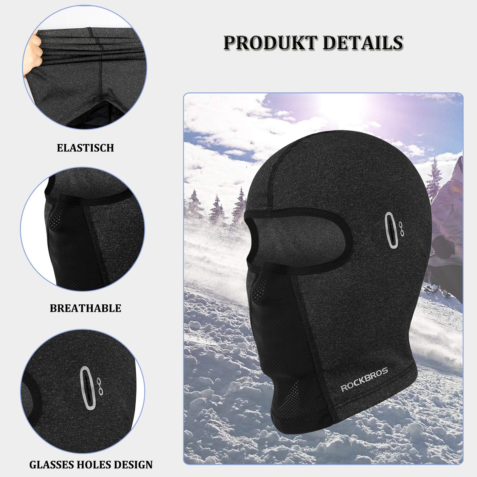ROCKBROS Windproof Balaclava Winter Face Cover  Thermal Fleece Neck Warmer #Style_Grey-With holes for glasses
