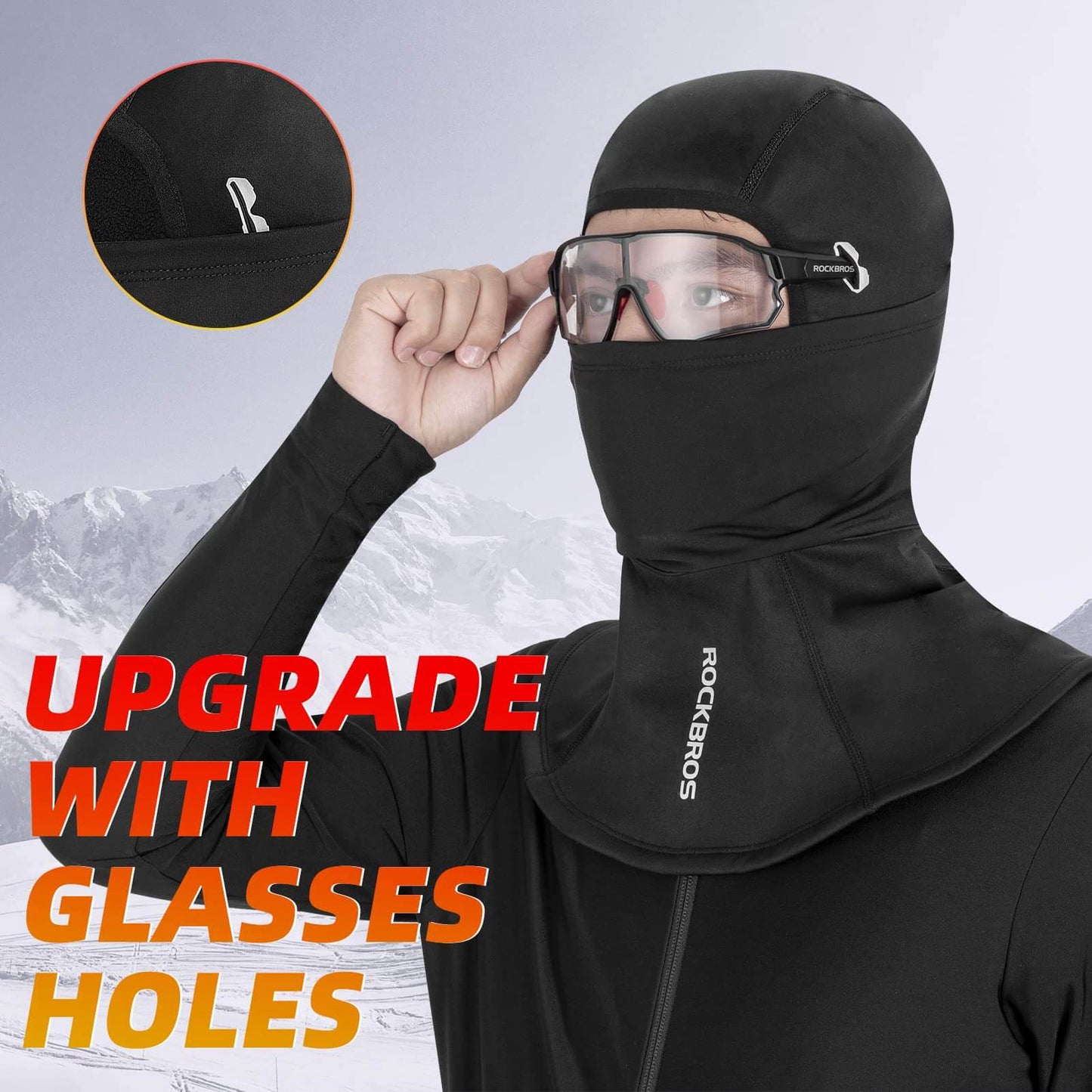 ROCKBROS windproof balaclava neck warmer with glasses holes, ideal for cold weather and cycling
